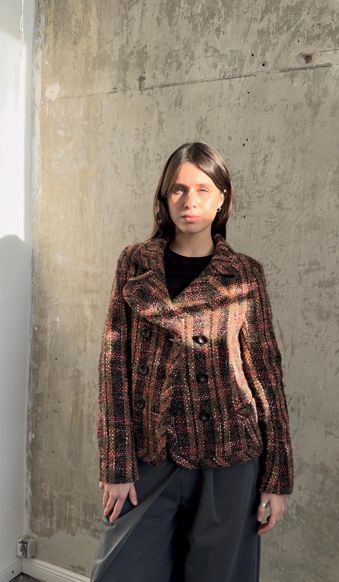 Vintage 90s Wool Checked Tweed Blazer In Pink and Brown