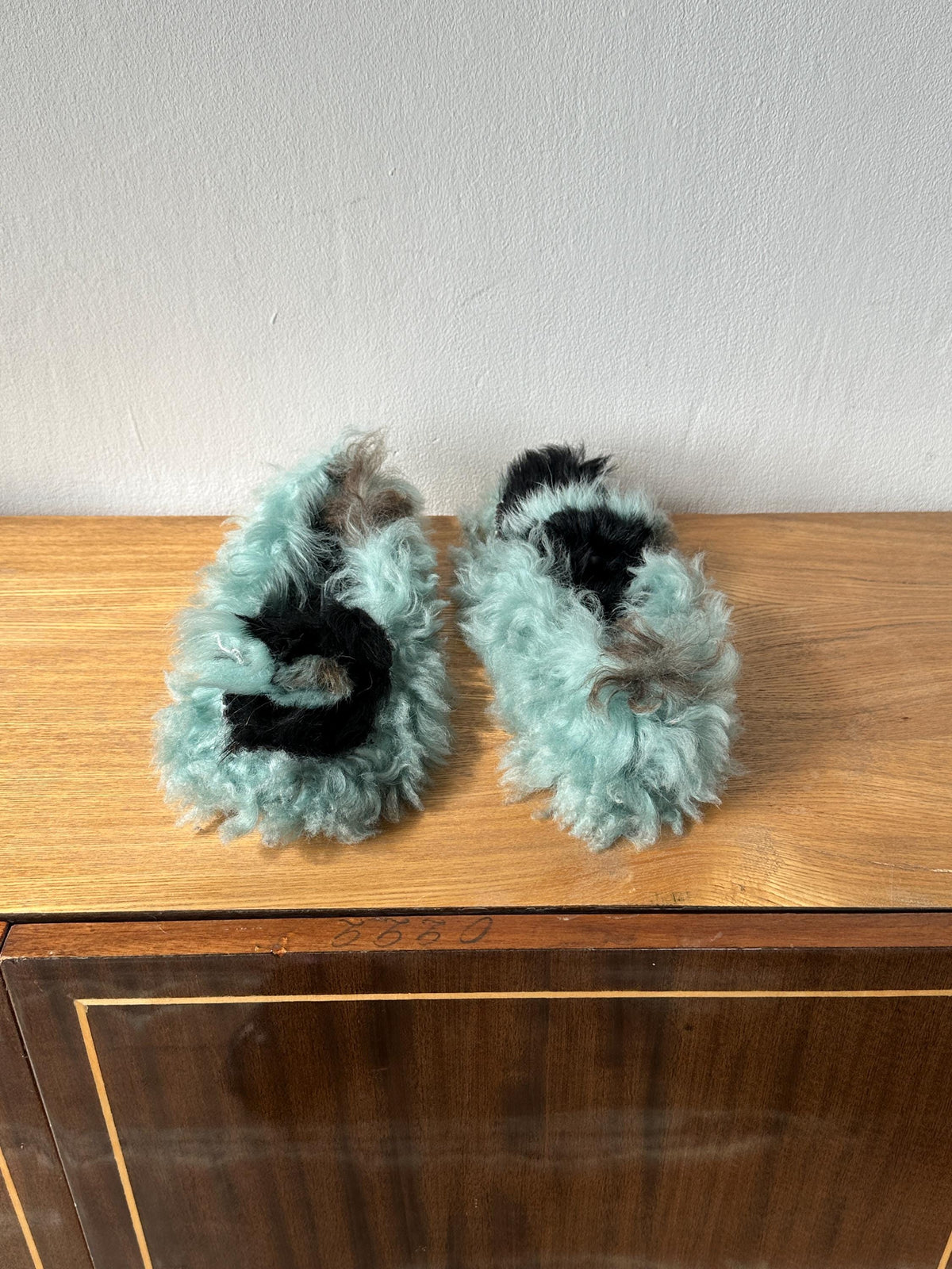 Vintage Prada Milano Shearling Fur Slipper | Mint Green & Black Furry Slides | US 6