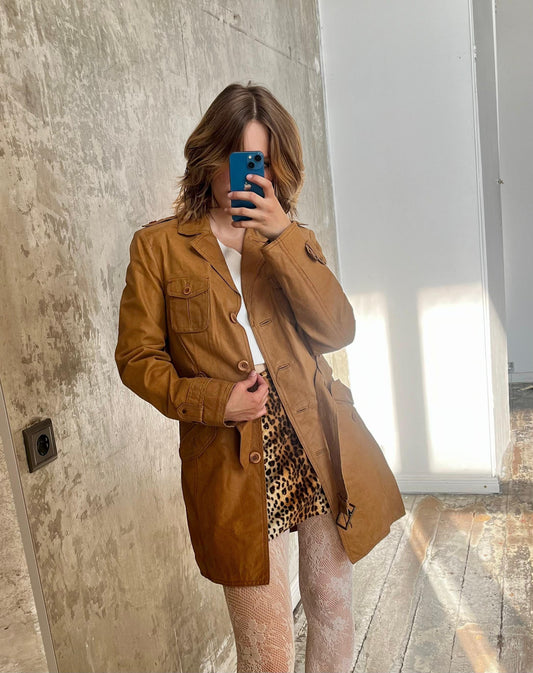 Vintage belted genuine suede coat in camel brown