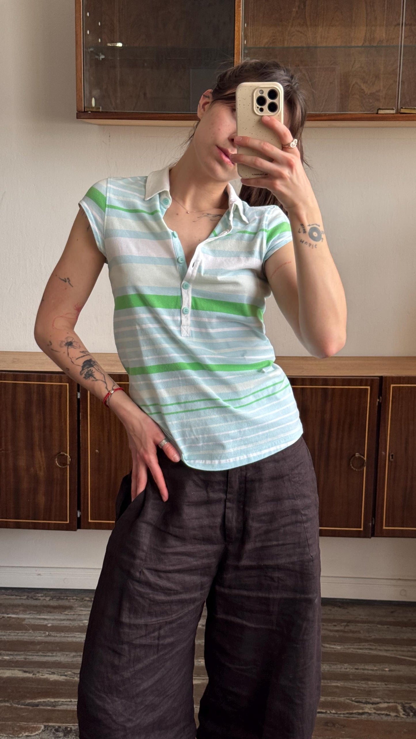 Vintage PUMA striped polo t-shirt in blue with logo