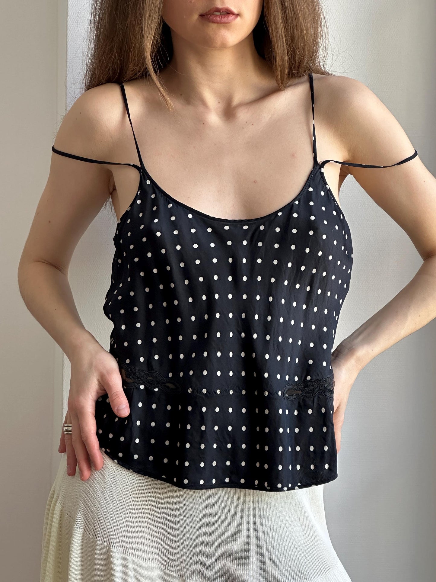 Vintage Pure Silk Polka Dot Nightie Top in Black