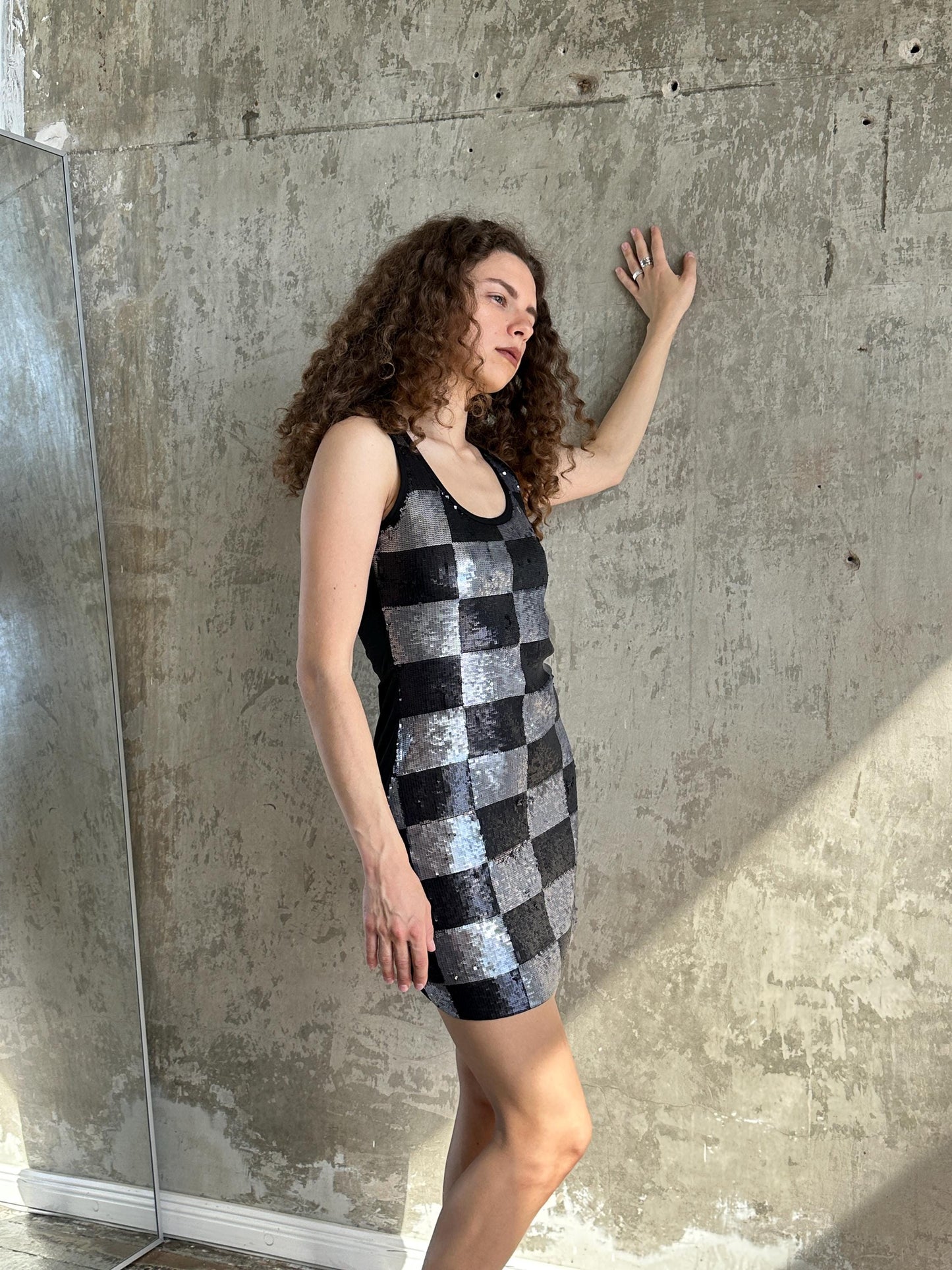 Vintage Silver Black Checkerboard Sequin Mini Dress