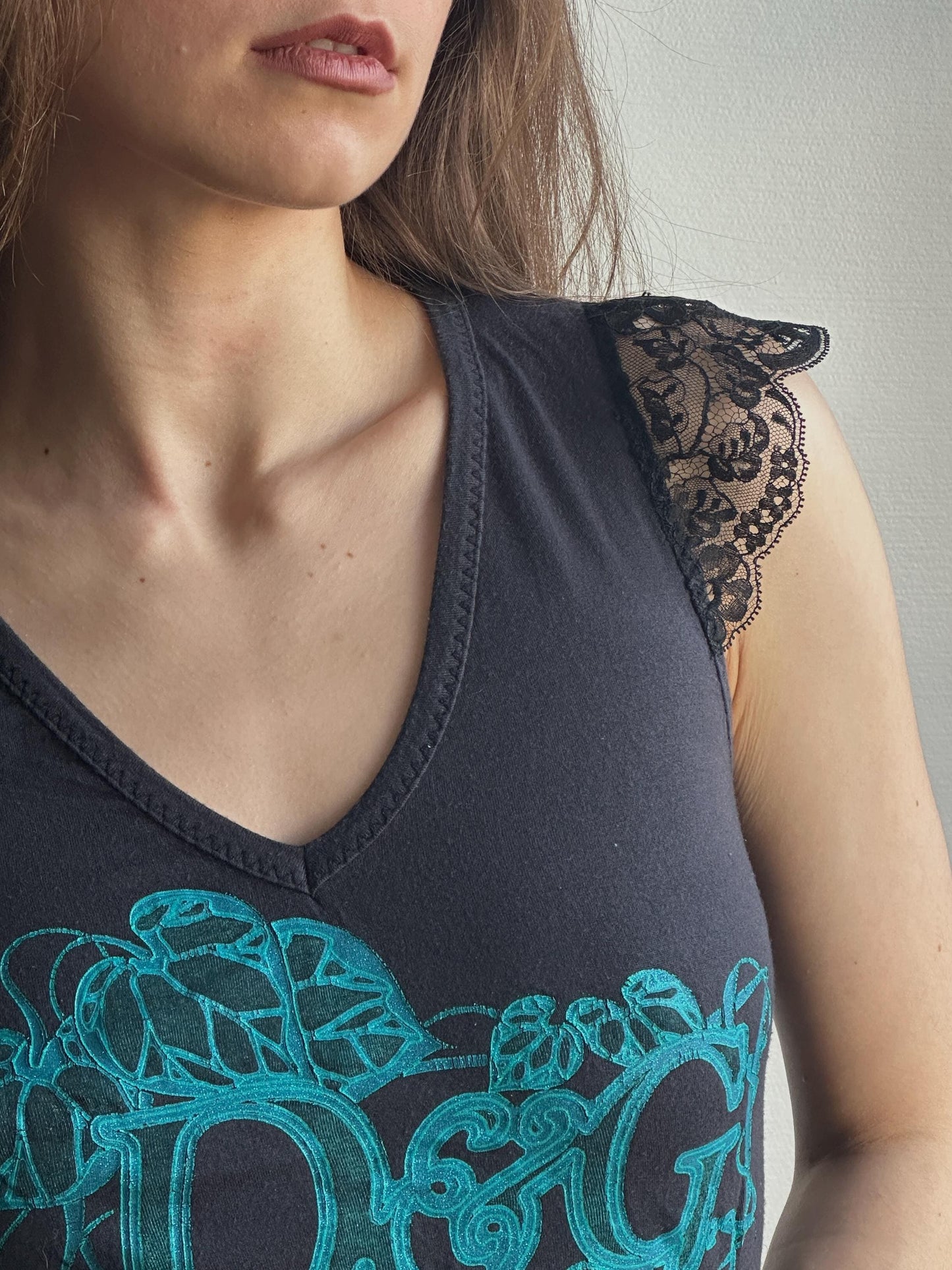 Vintage D&G Black Graphic Ruffled Lace Trim Top
