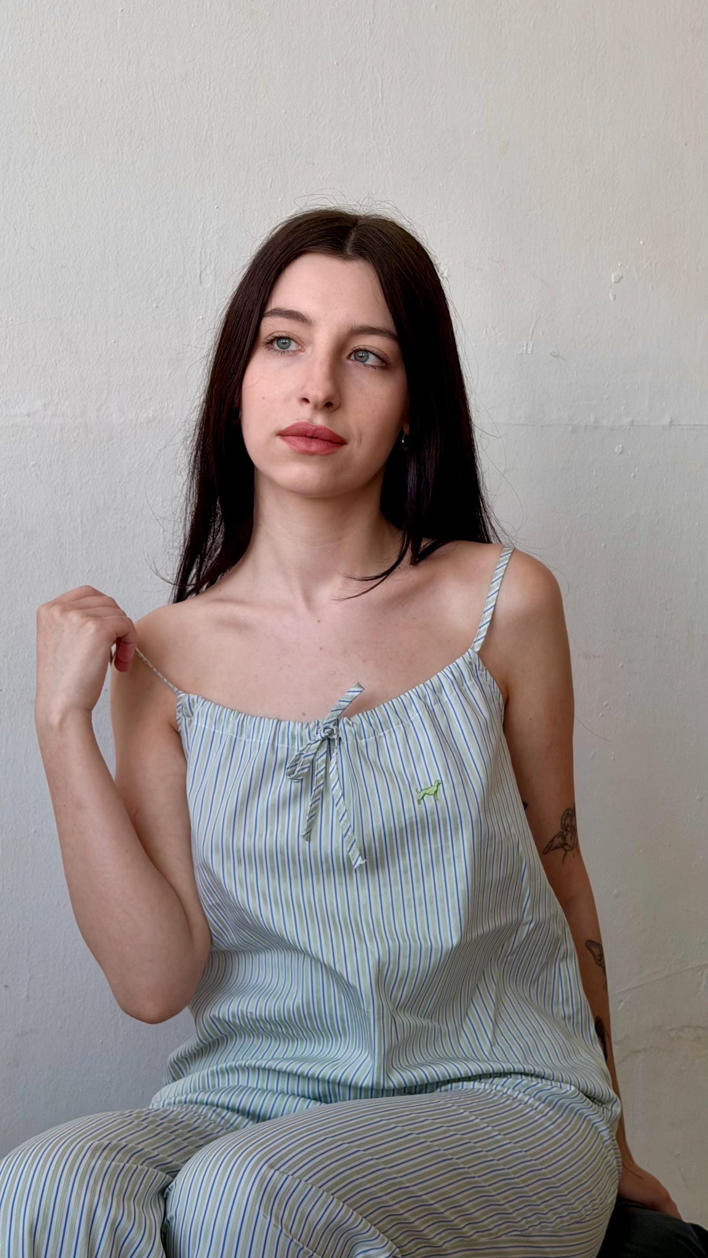 Vintage 90s striped pajama cotton top and trousers set in white