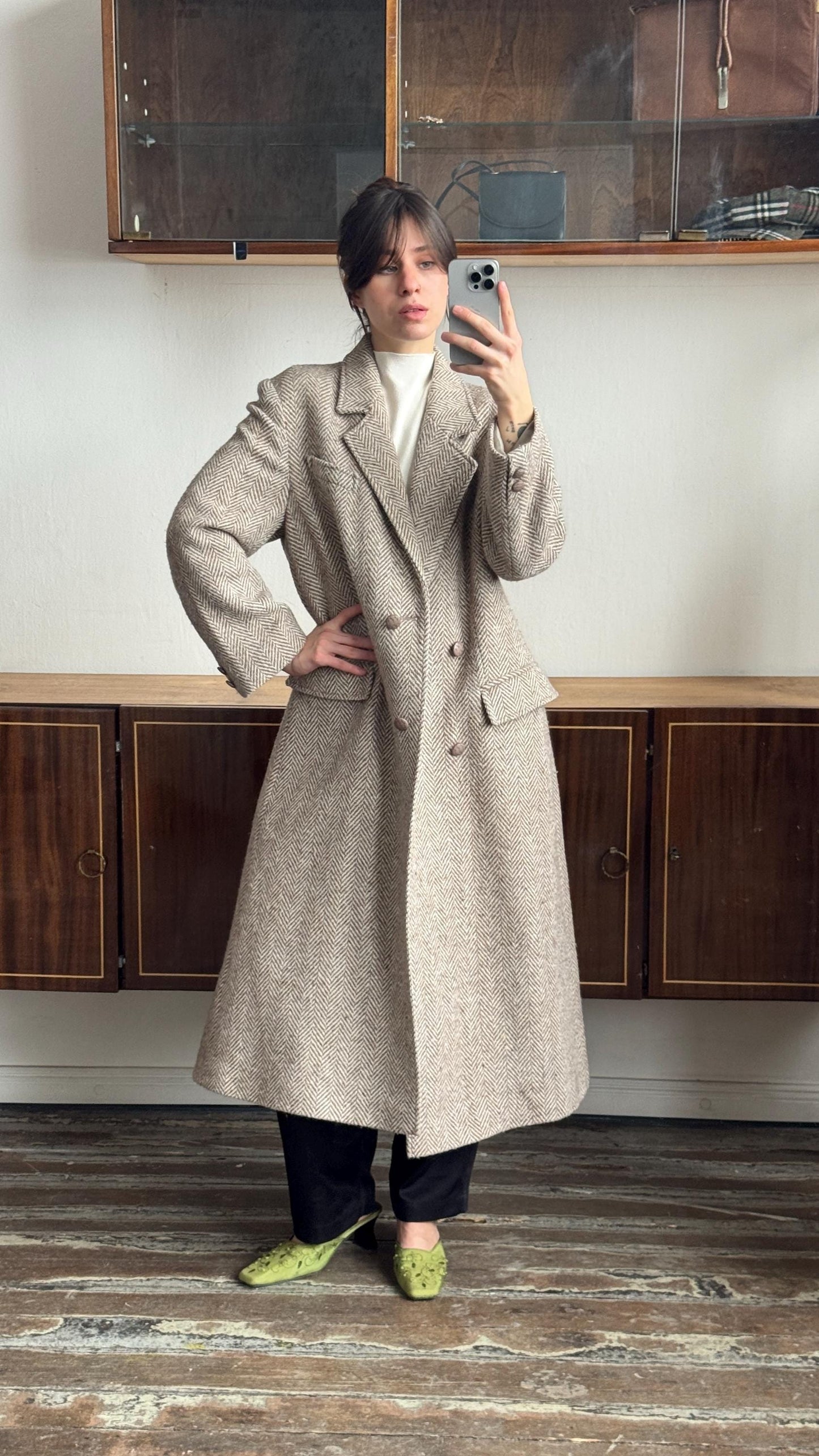 Vintage 90s Maxi Wool Classic Double-Breasted Coat In Beige