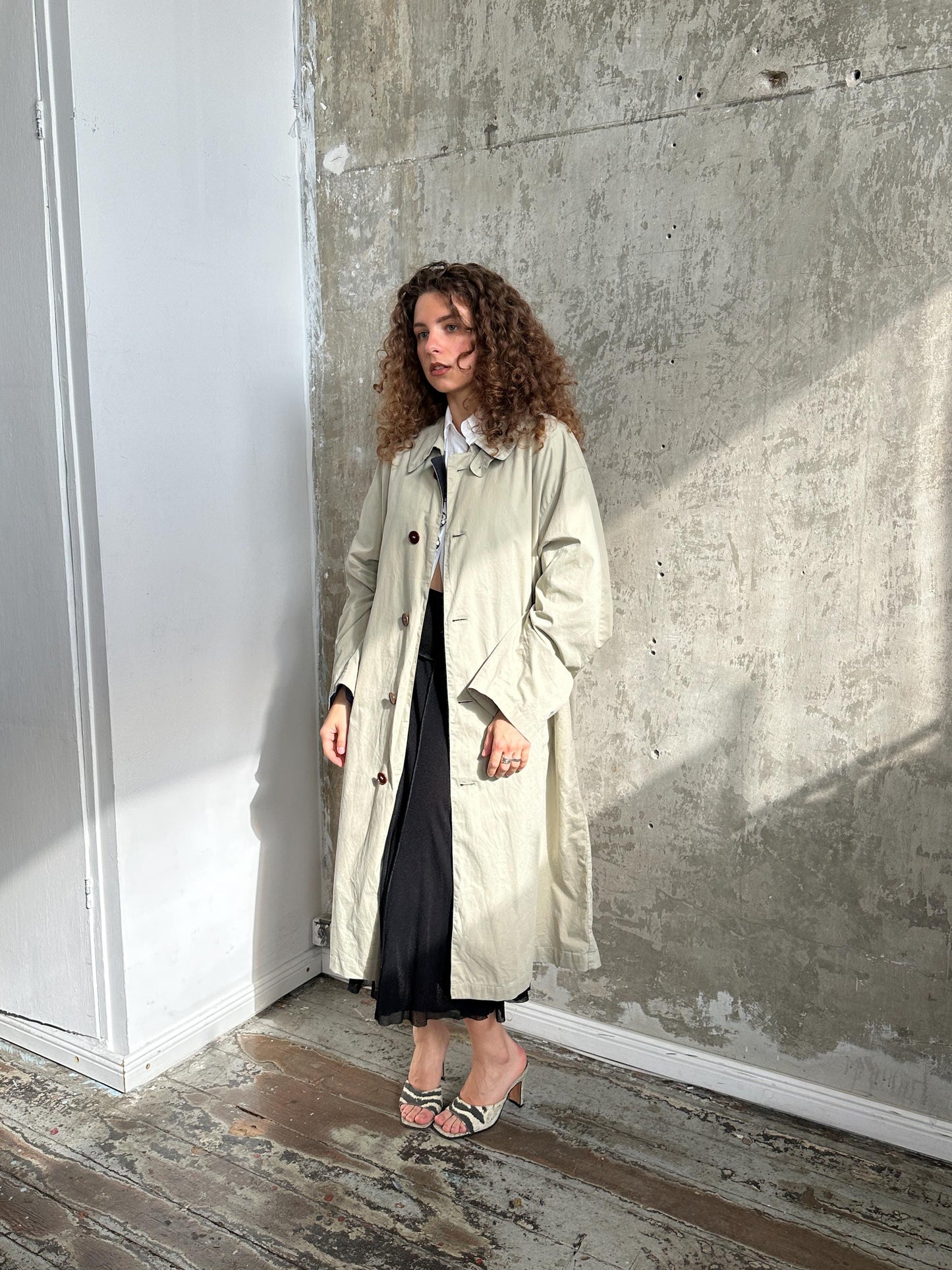 Vintage 90s Long Beige Trench Coat | Classic Minimalist Trench