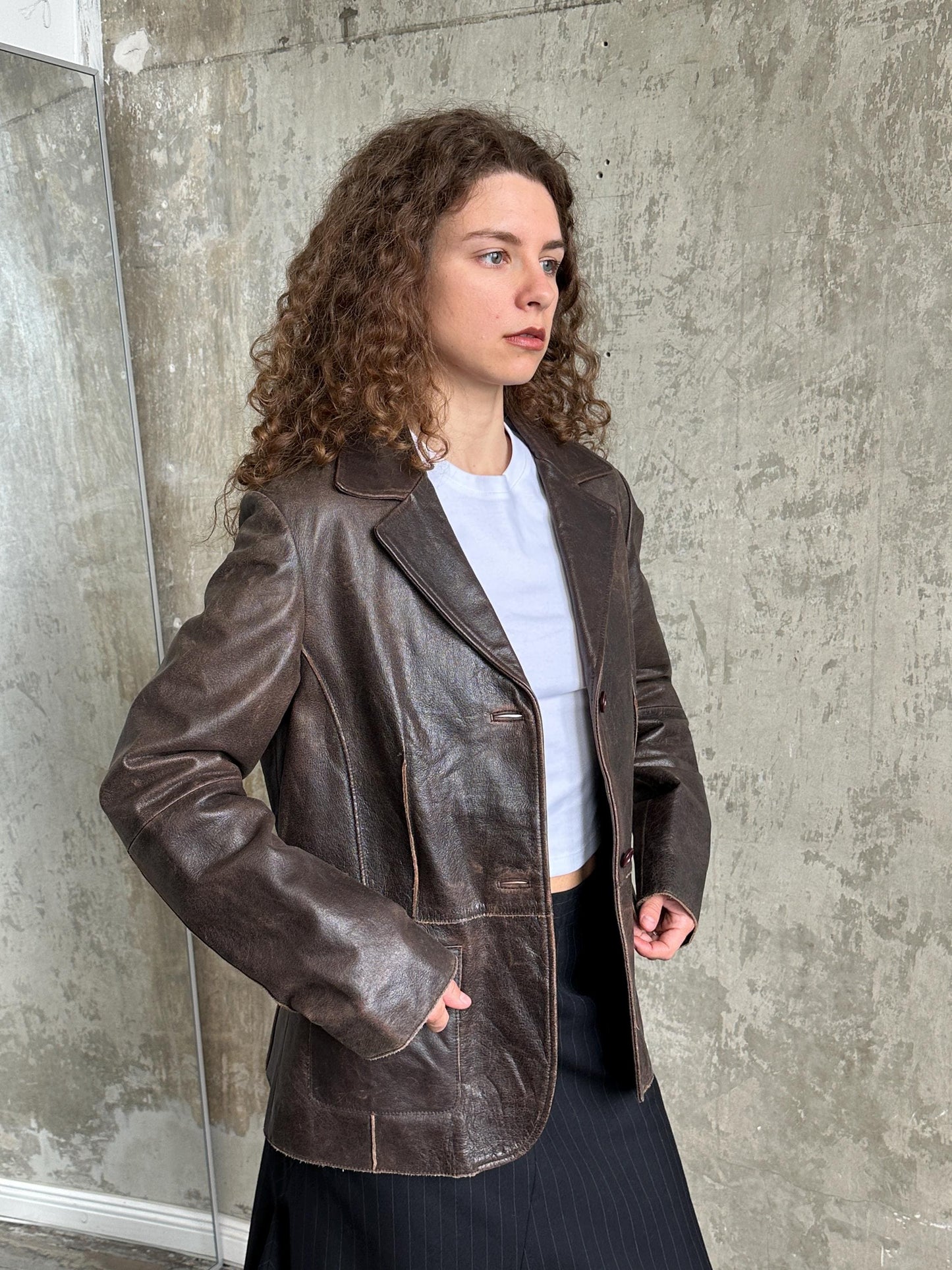 Vintage Brown Leather Tailored Blazer Jacket | Distressed Worn-In Leather