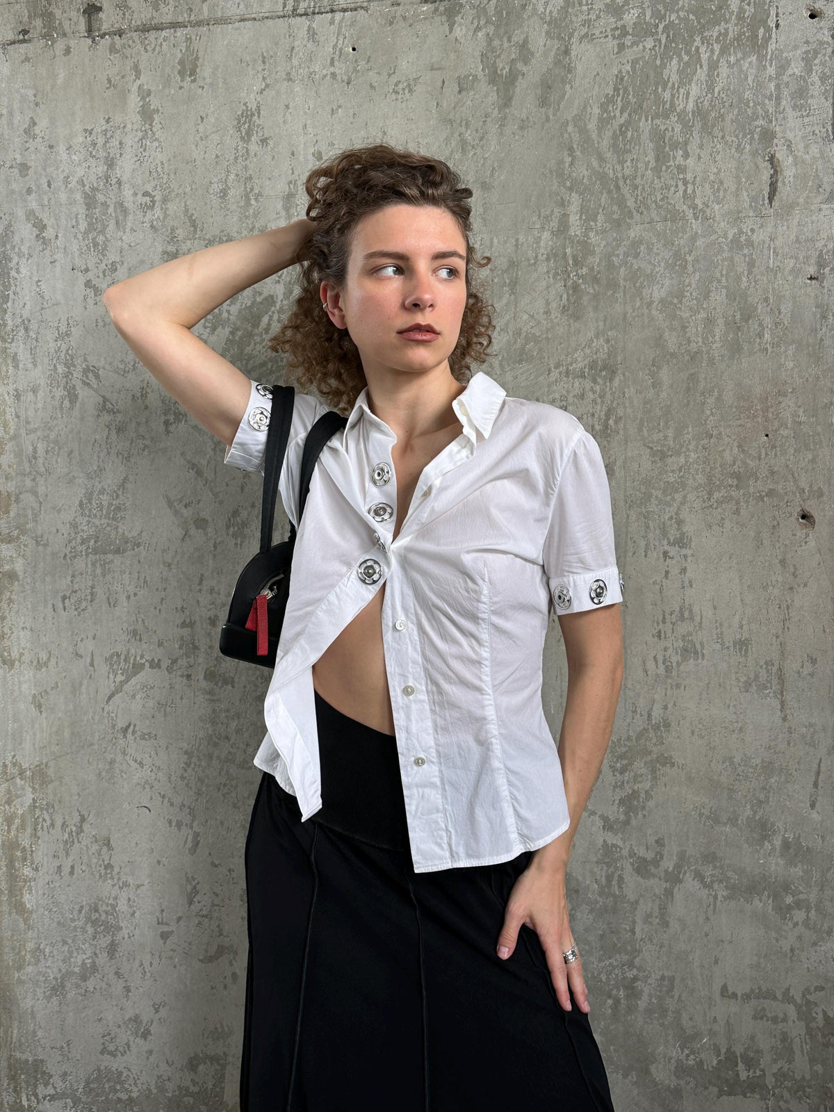 Vintage Moschino Jeans White Fitted Shirt | Silver Ring Detail Blouse