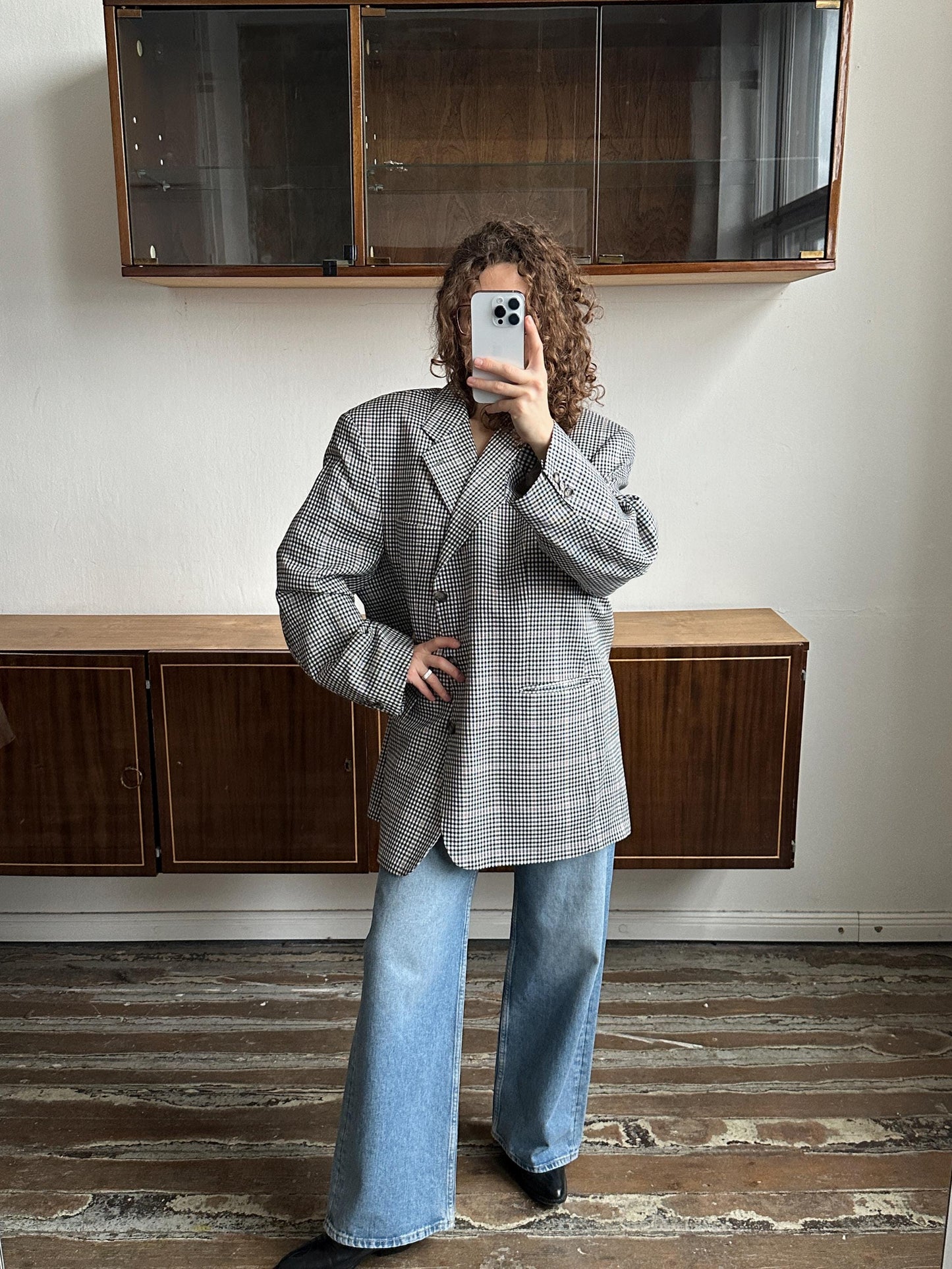 Vintage boyfriend check blazer in black and white, wool blazer