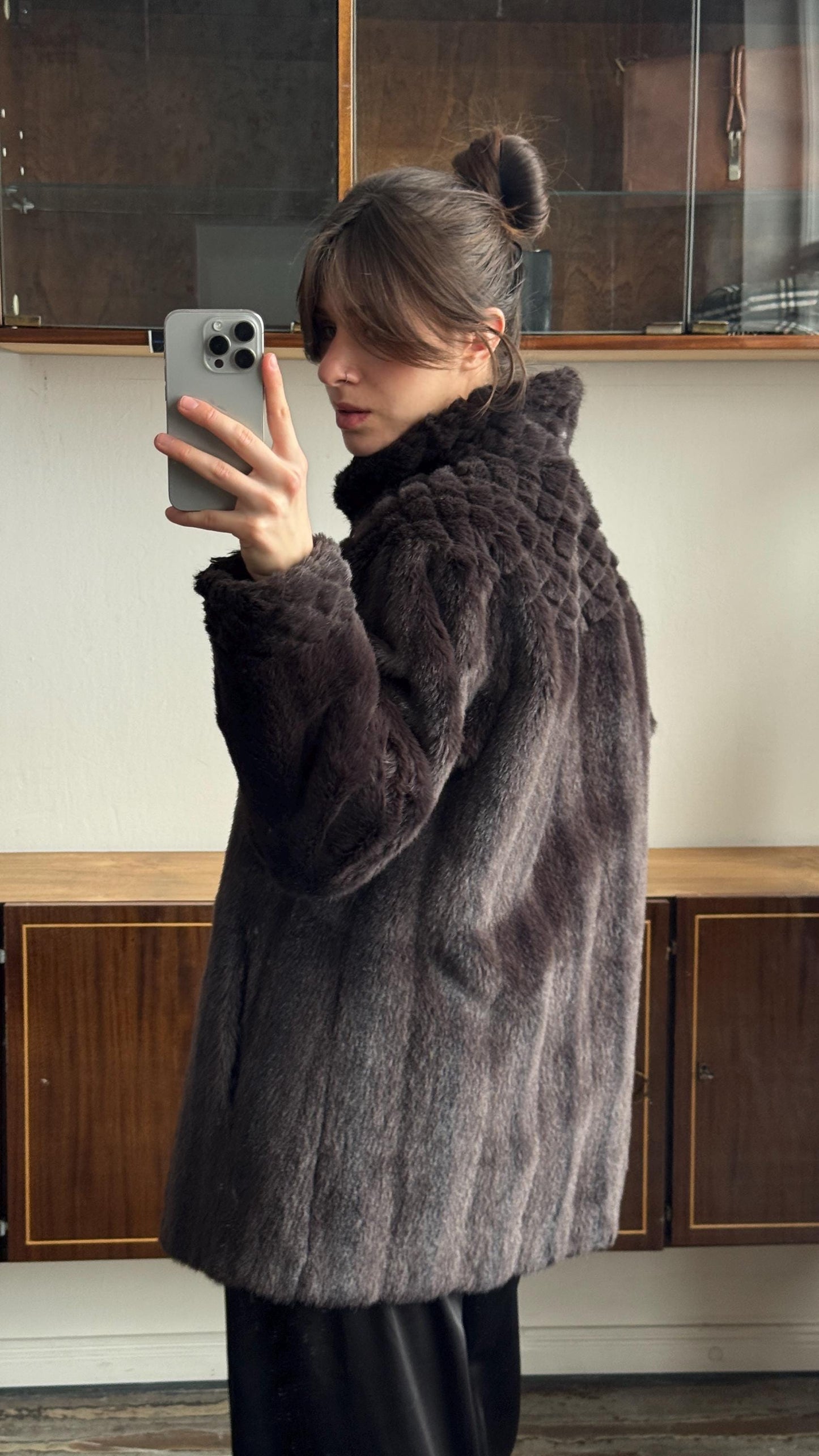 Vintage 90s Oversized Faux-Fur Mini Coat In Brown