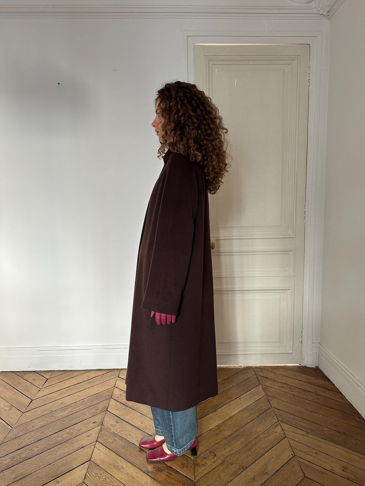Vintage Les Copains Long Wool Angora Cashmere Coat in Chocolate Brown
