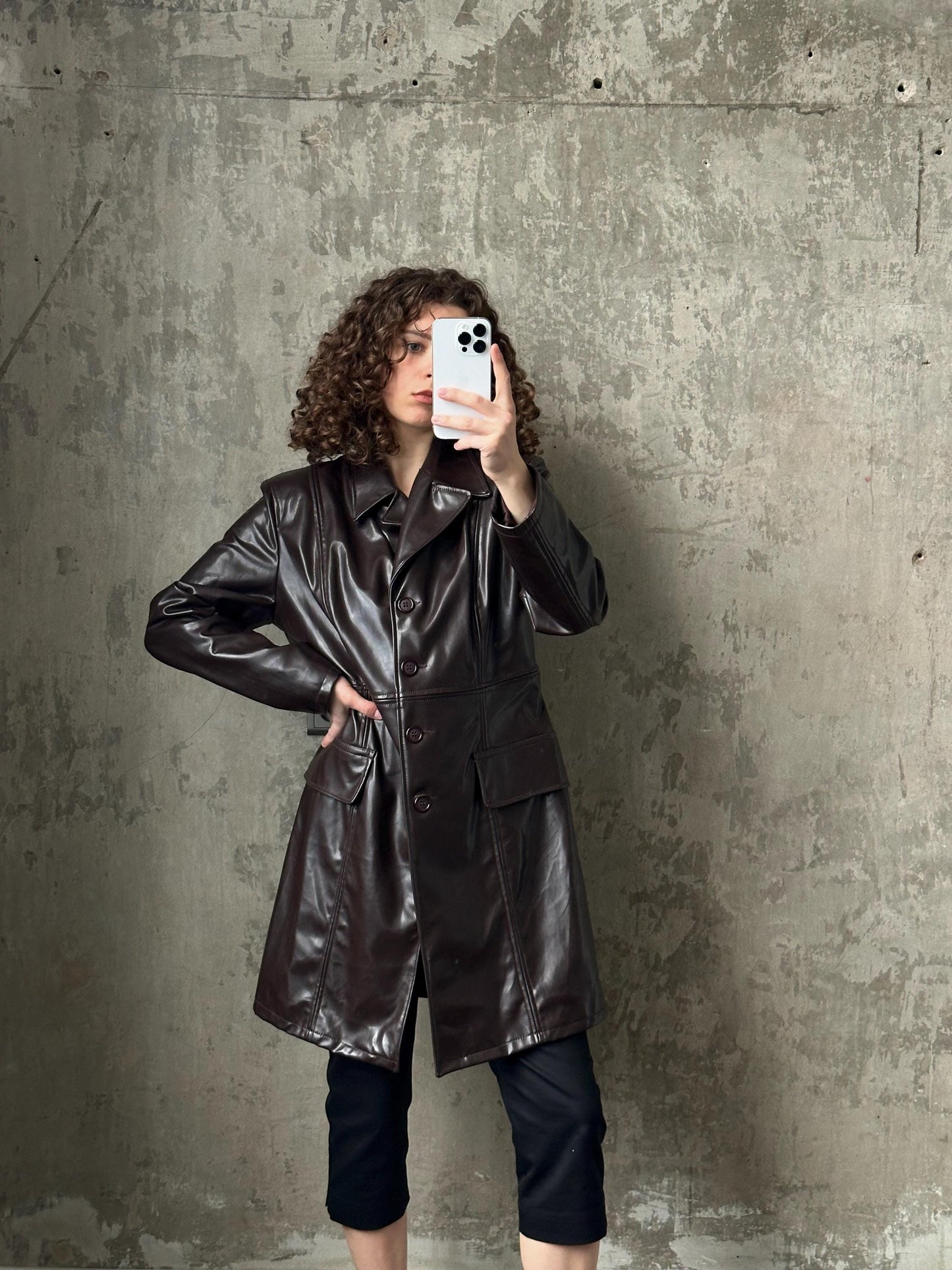 Vintage faux leather coat in dark brown