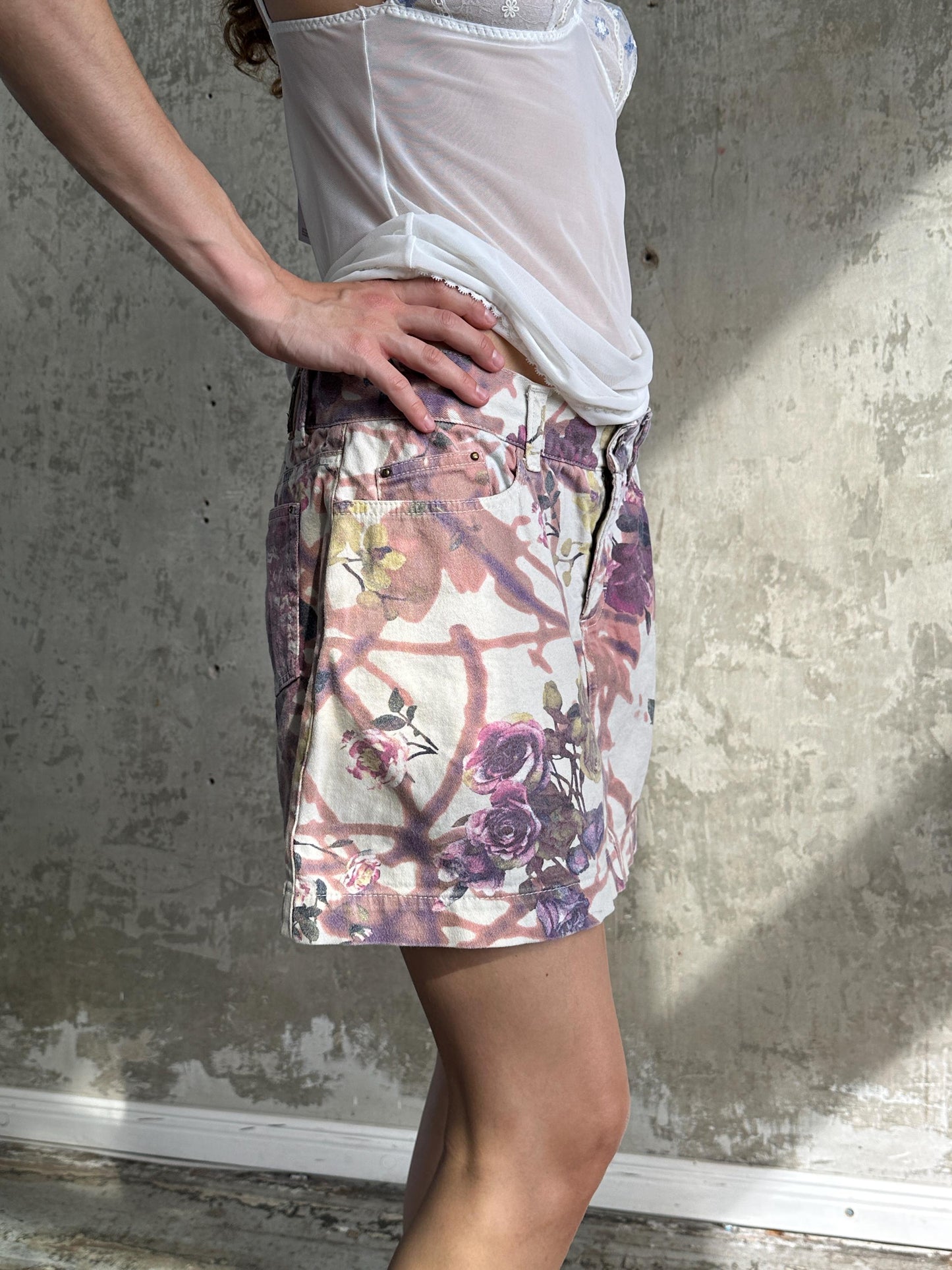 Vintage Y2K Cavalli Denim Floral Mini Skirt in Pink