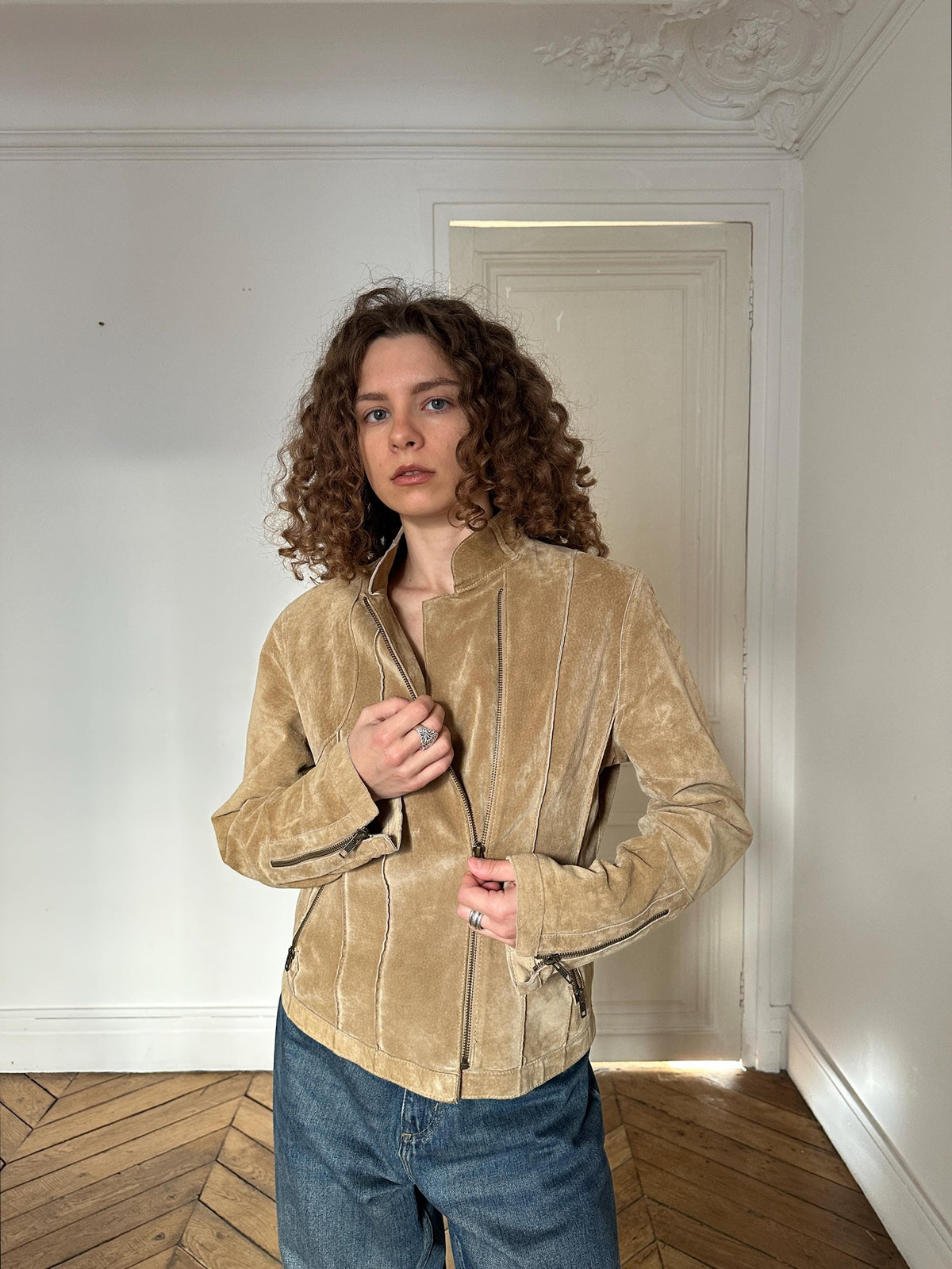 Vintage 90s Beige Suede Leather Motorcycle Jacket
