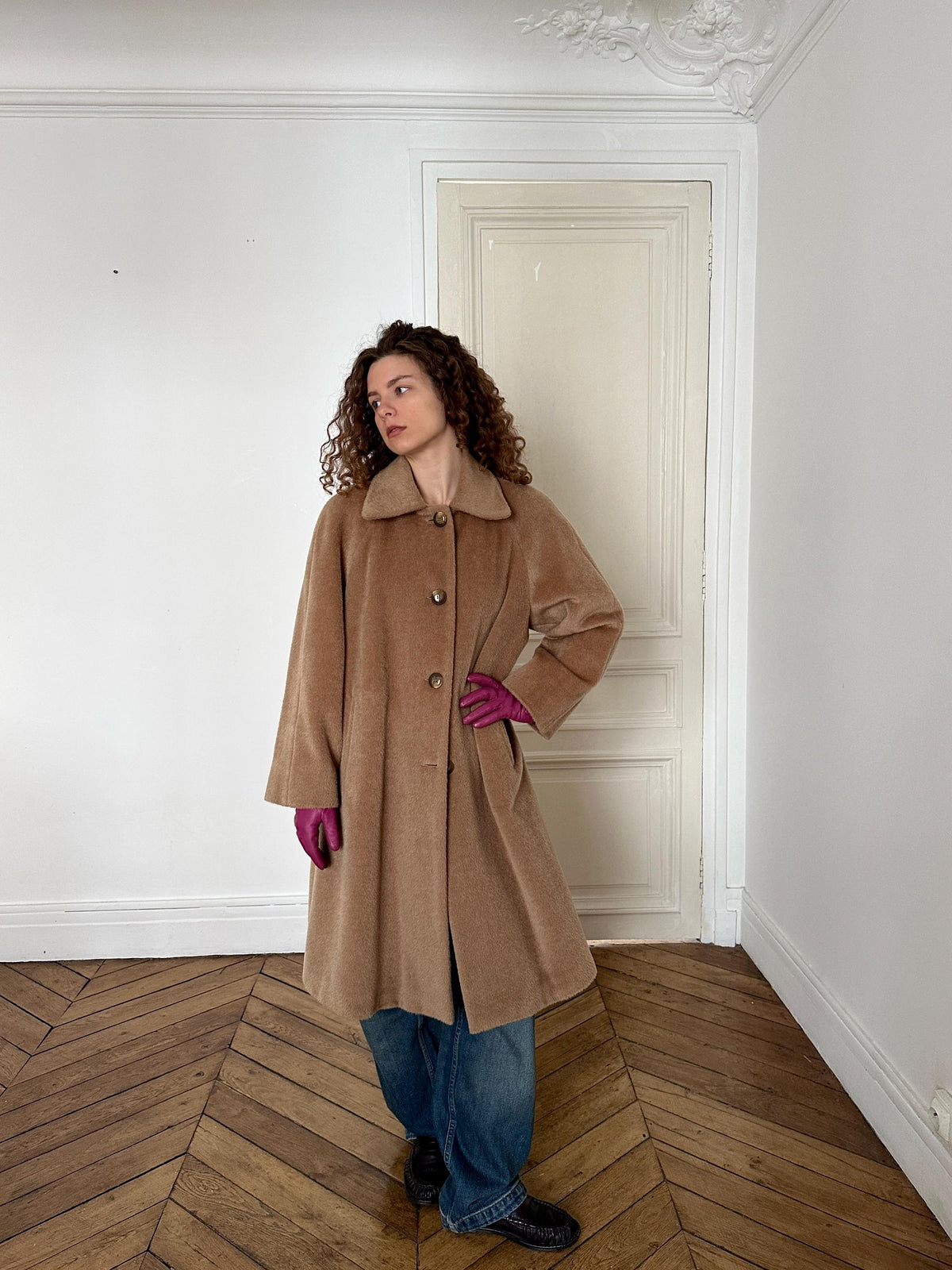 Vintage 90s Mohair Wool Teddy Coat in Beige