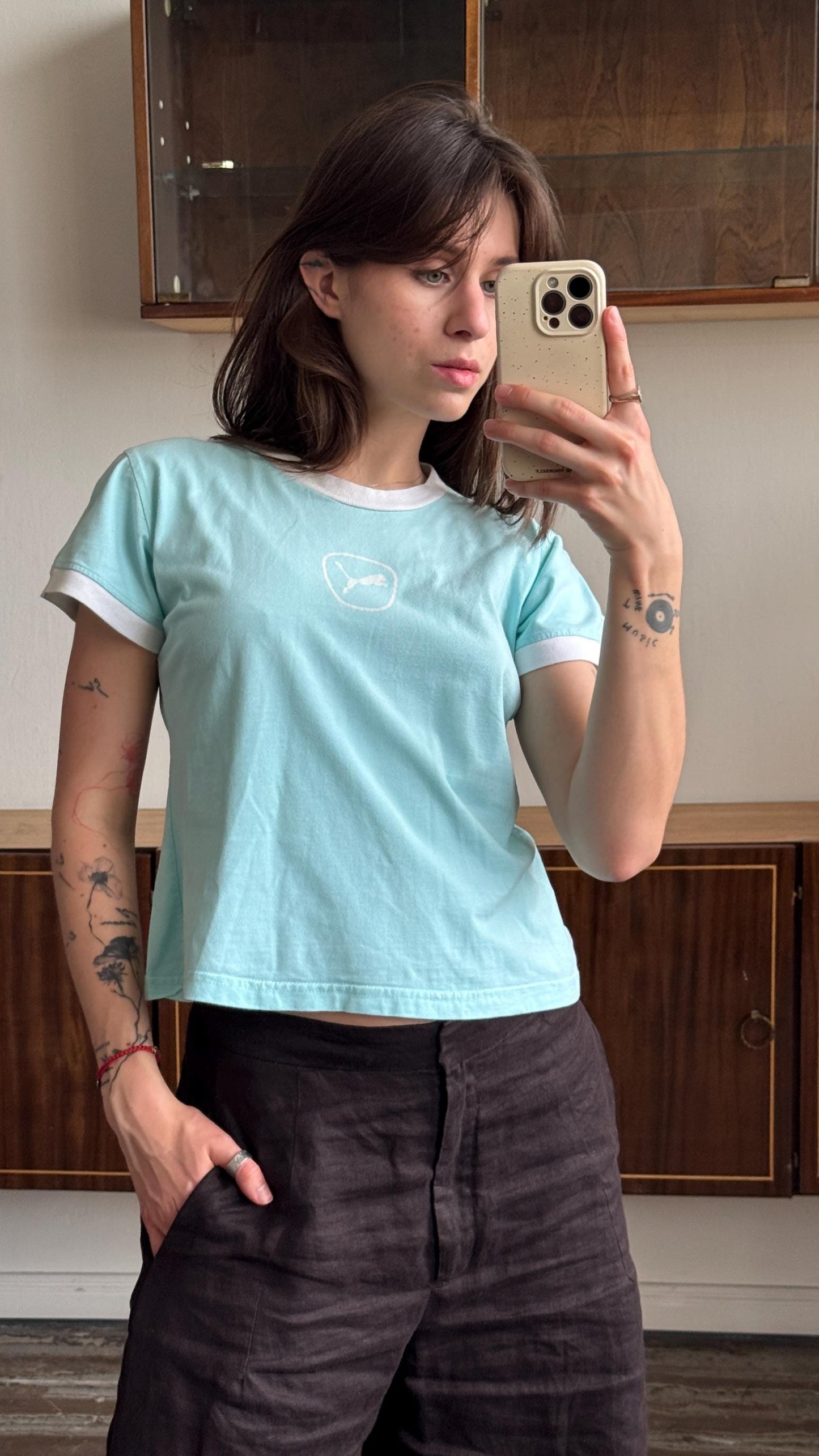 Vintage PUMA micro t-shirt in baby blue with logo