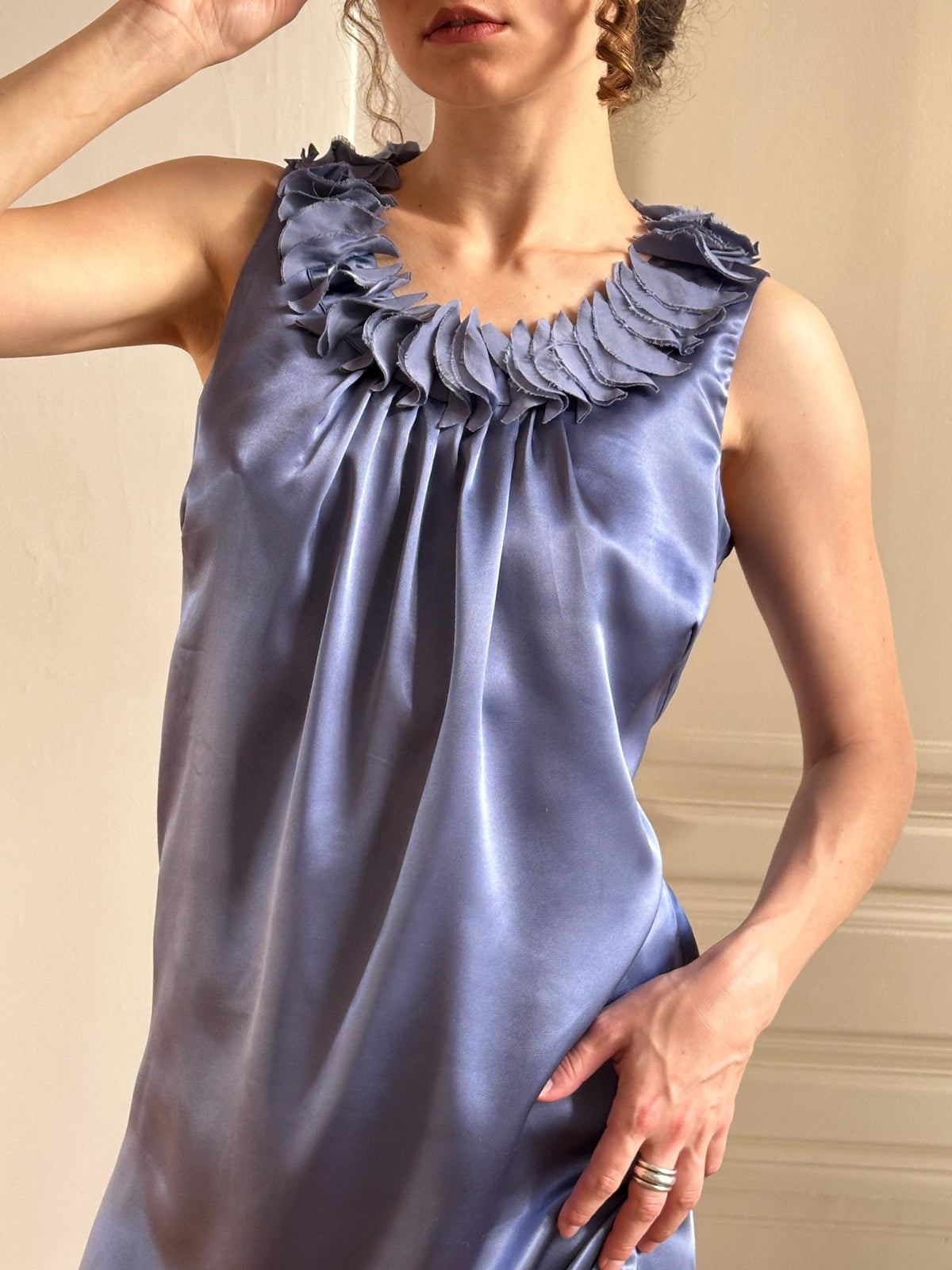 Vintage Petal Ruffle Silky Cocktail Dress in Lilac