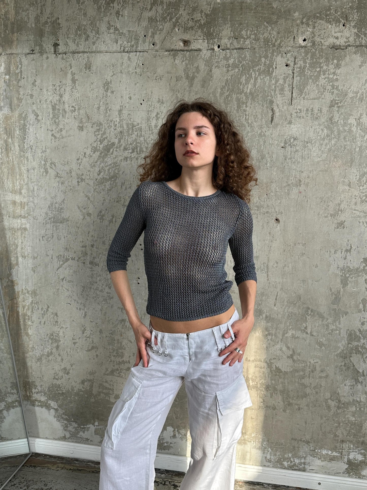 Vintage Max&Co Tricot Grey Open Mesh Knit Top | Sheer Crochet Net Top