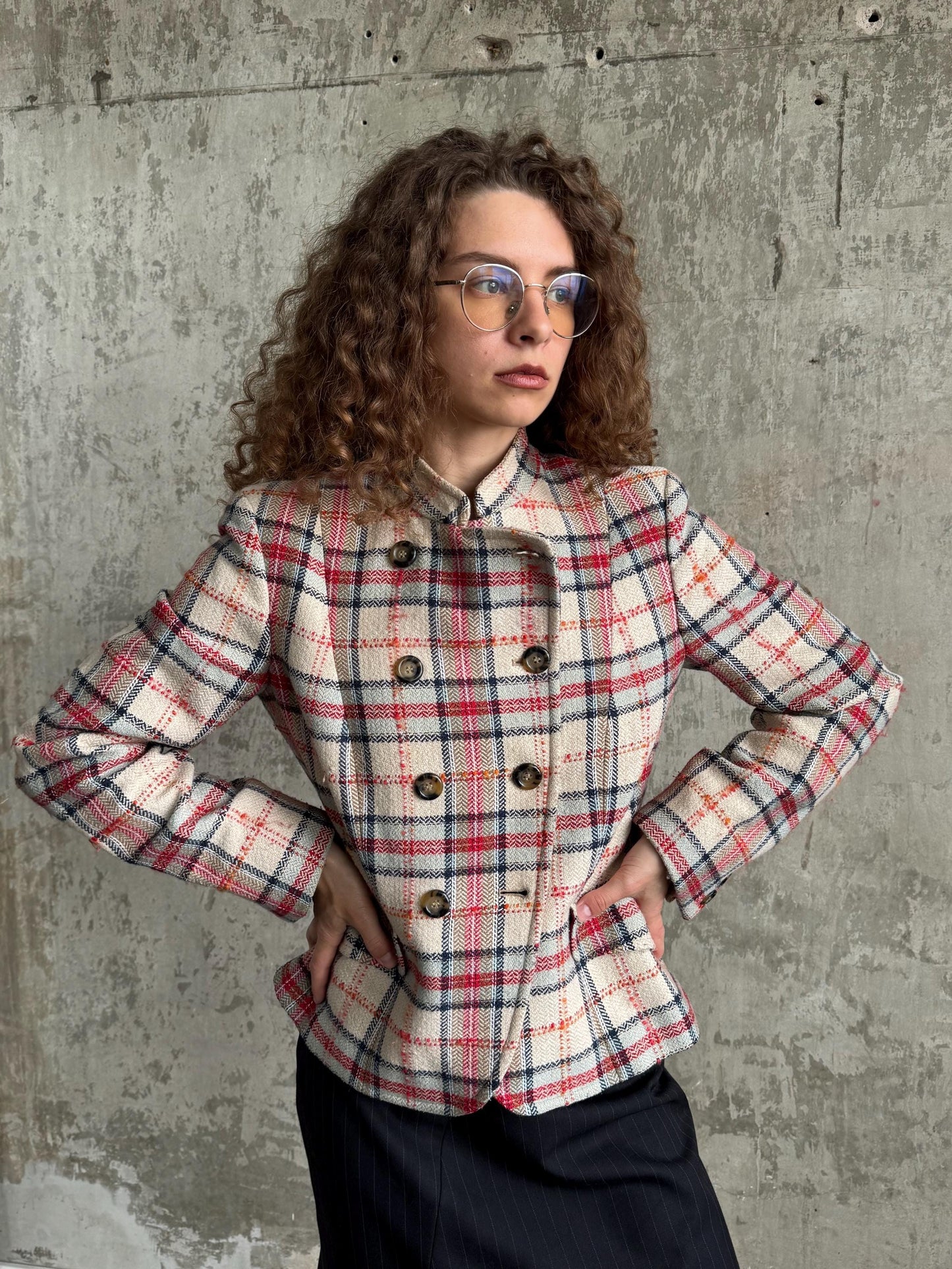 Vintage Weekend Max Mara Plaid Wool Blazer in Pink and Beige