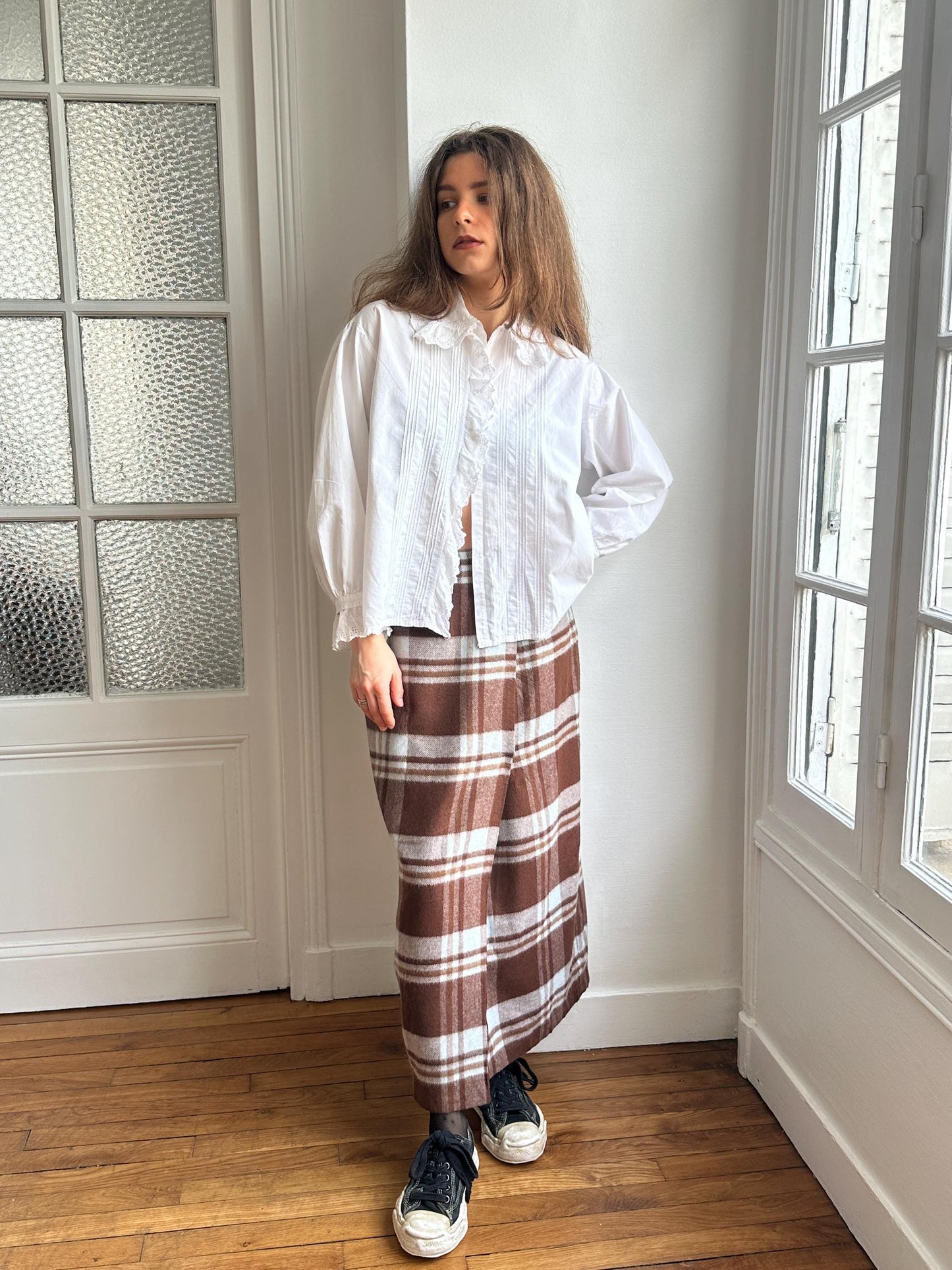 Vintage Plaid Wool Maxi Skirt in Brown