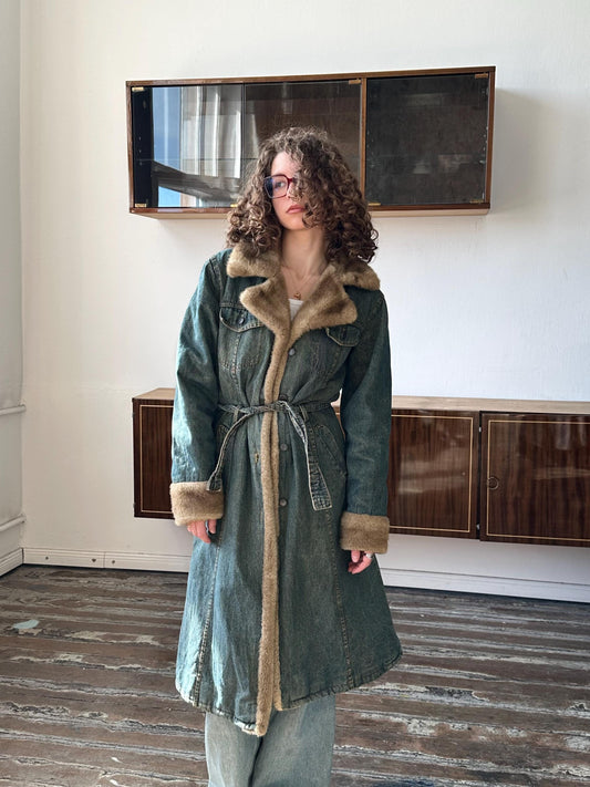 Vintage 90s denim coat with faux fur coat