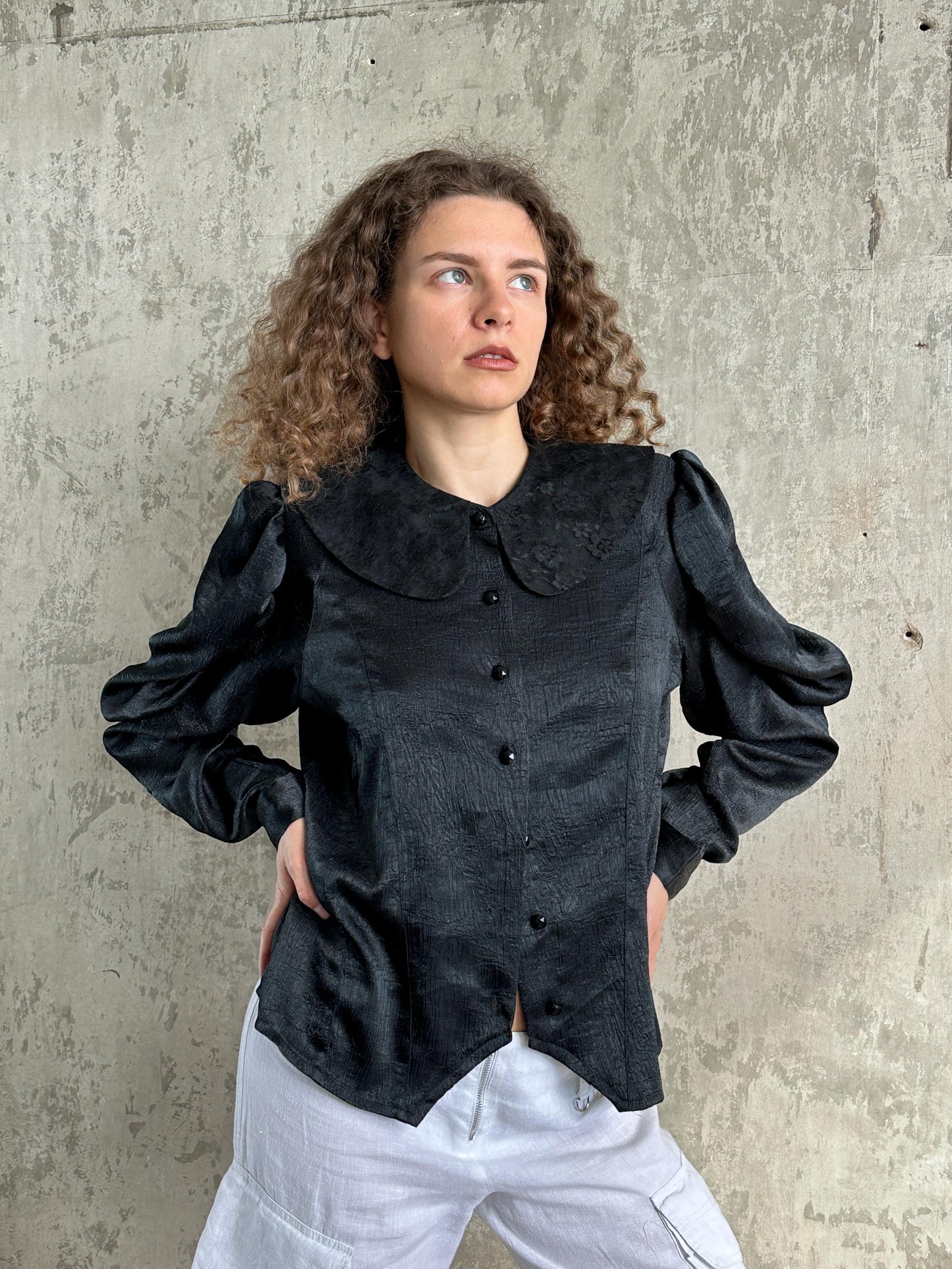 Vintage Black Puff Sleeve Romantic Draped Blouse