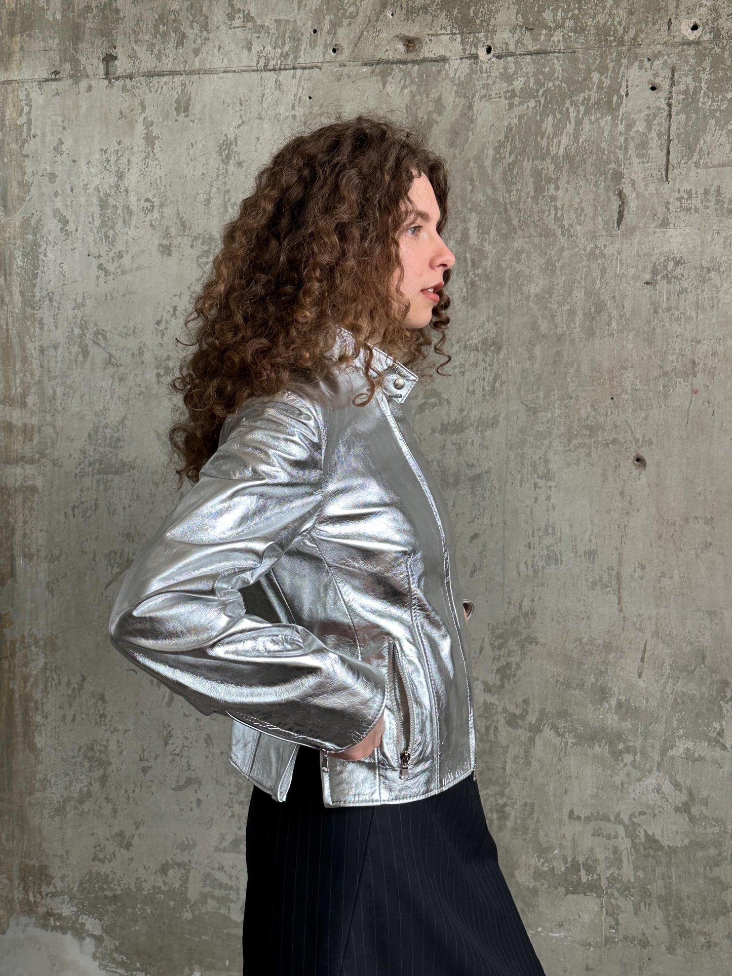 Vintage Y2K Silver Metallic Leather Jacket | Moto Racer Zip Jacket