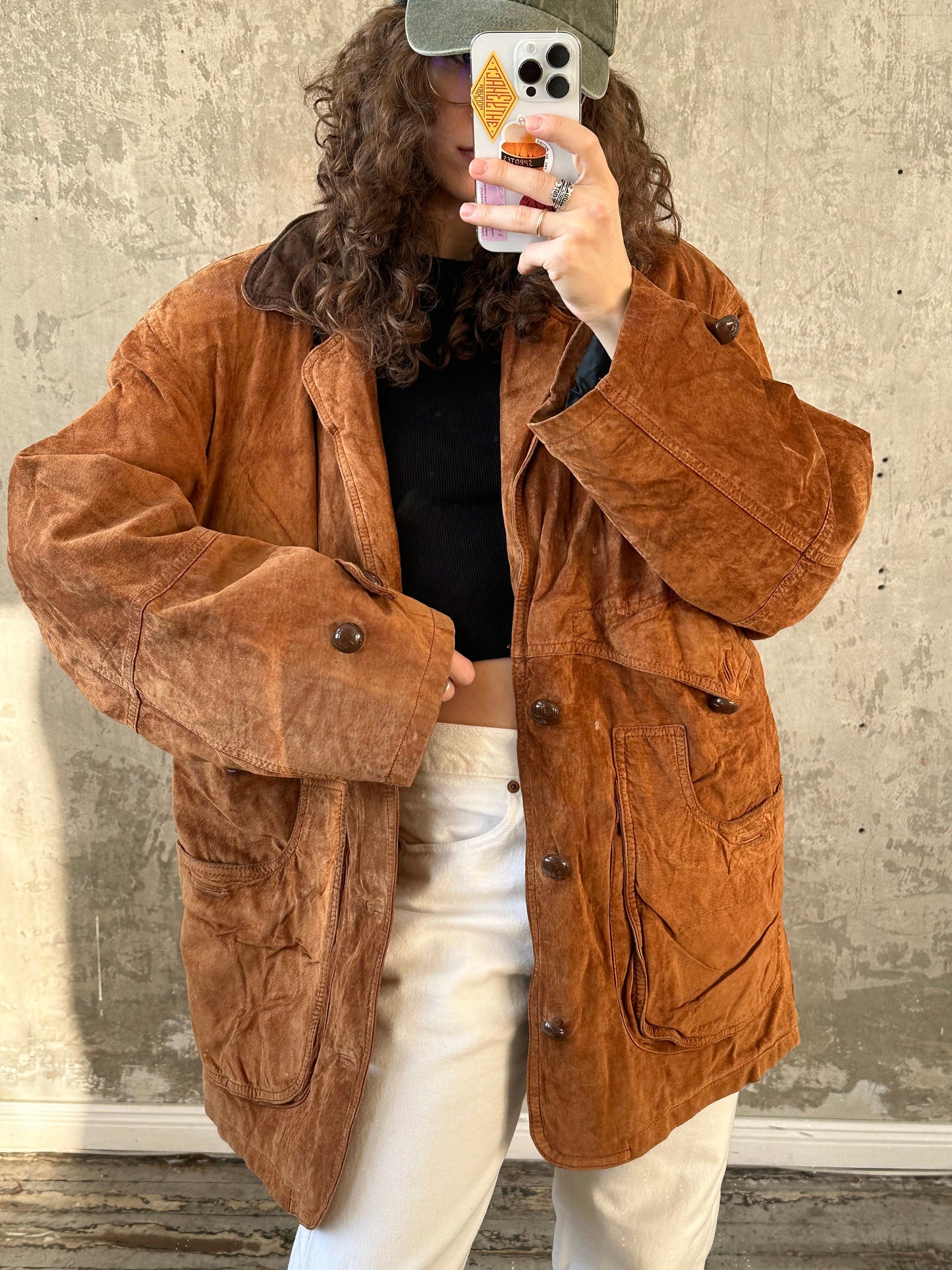 Vintage 90s Suede Leather Bomber Jacket, Brown Oversized Grunge Motorcycle Coat, Genuine Leather, Padded, Wooden Button Closure, Fits XS-M