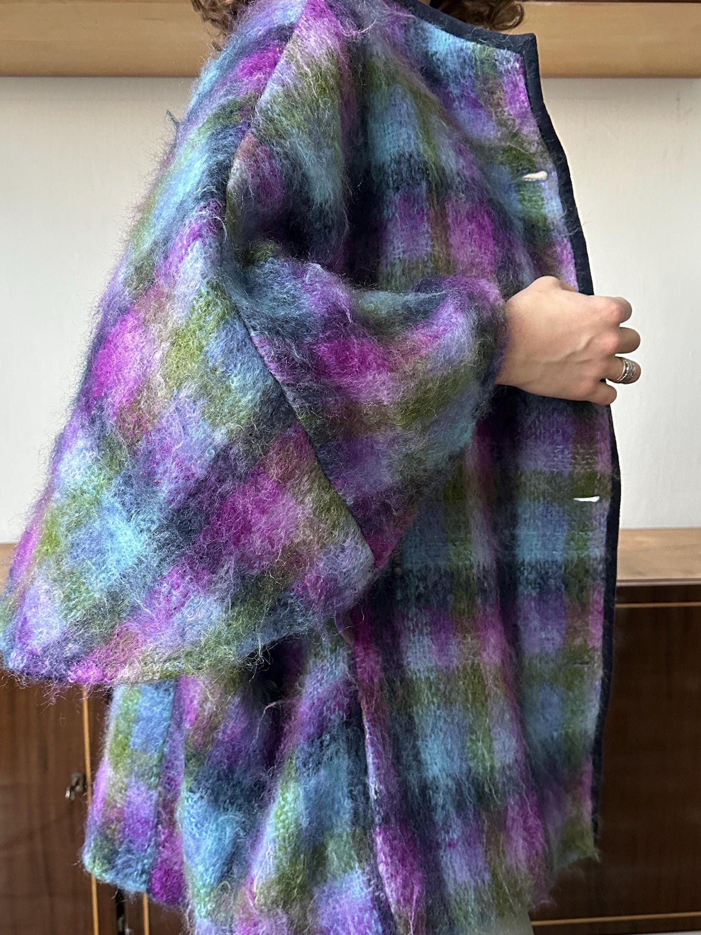 Vintage fuzzy plaid coat in purple and blue, vintage cape