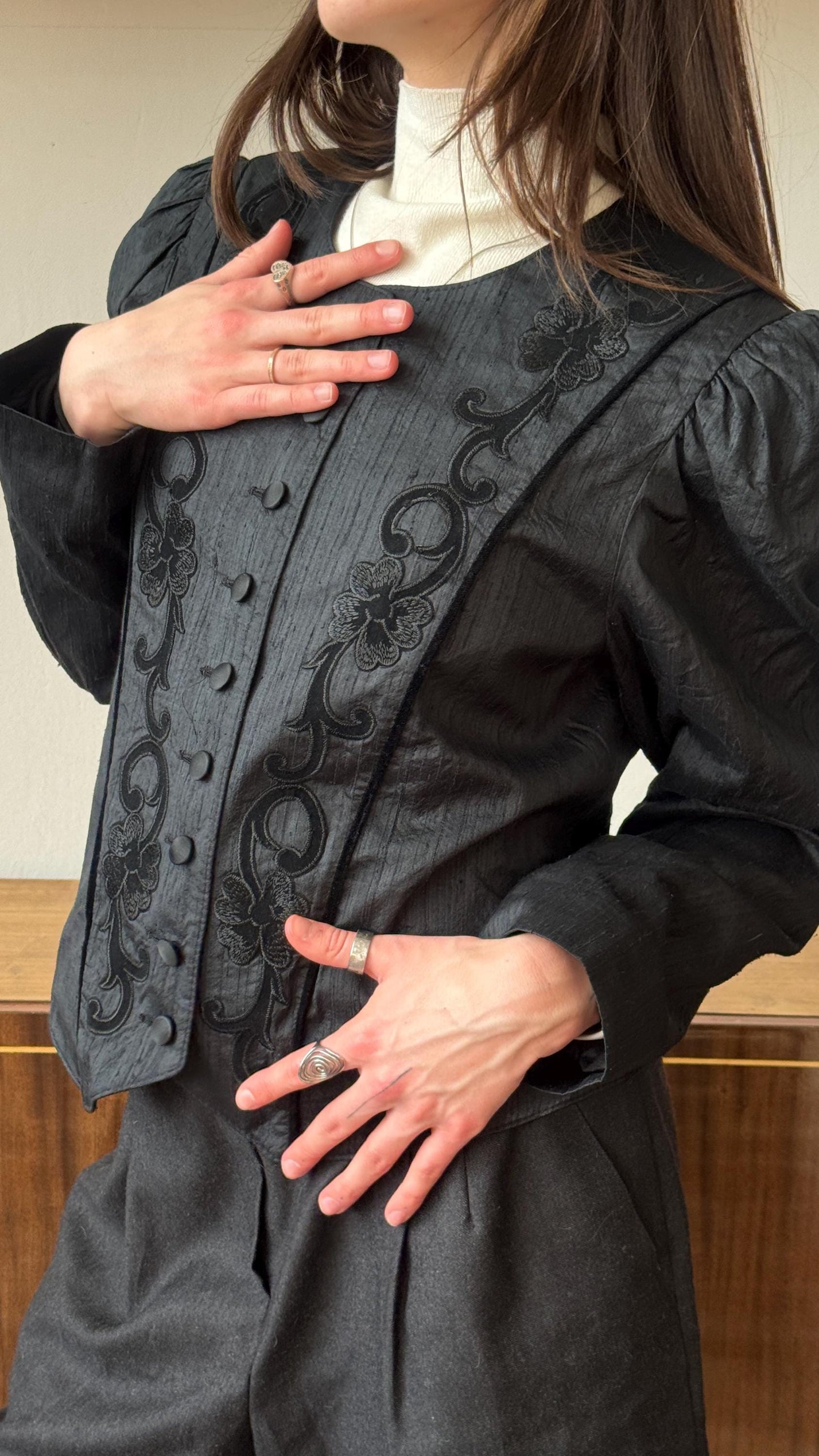 Vintage Victorian-Inspired Embroidered Blouse in Black