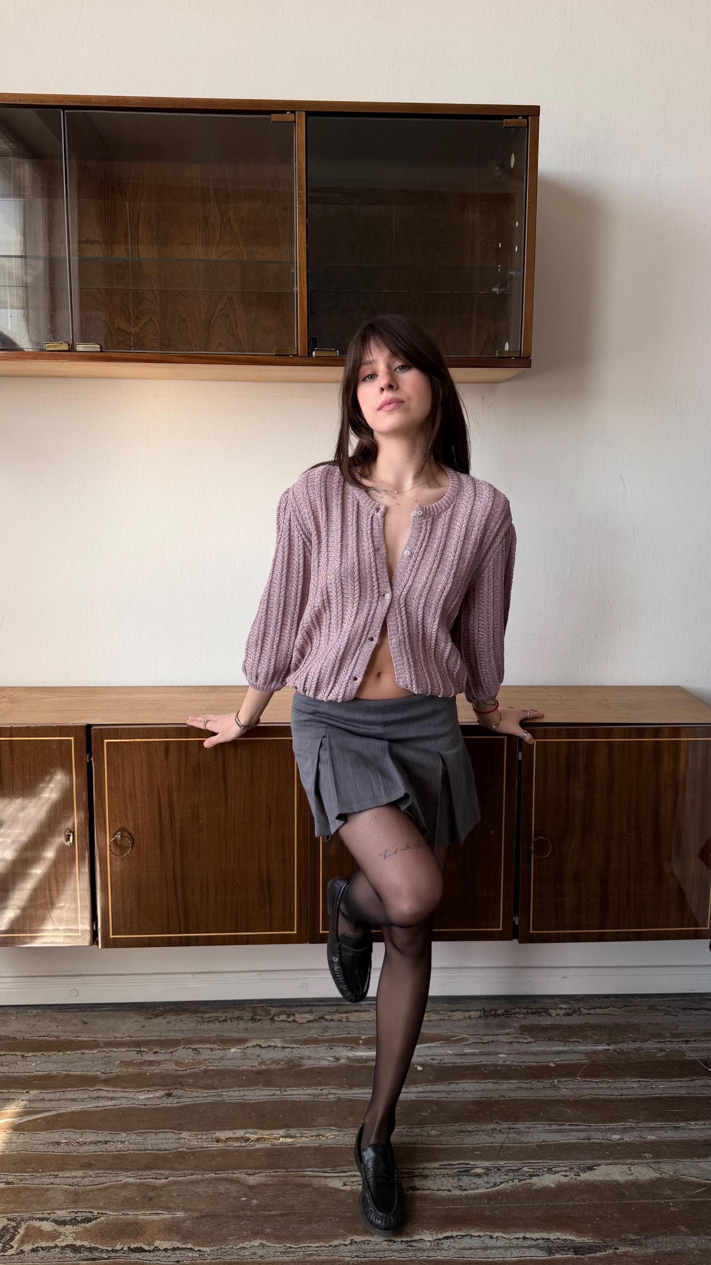 Vintage 90s Knit Cardigan, Soft Girl Minimalist Coquette Top in Mauve