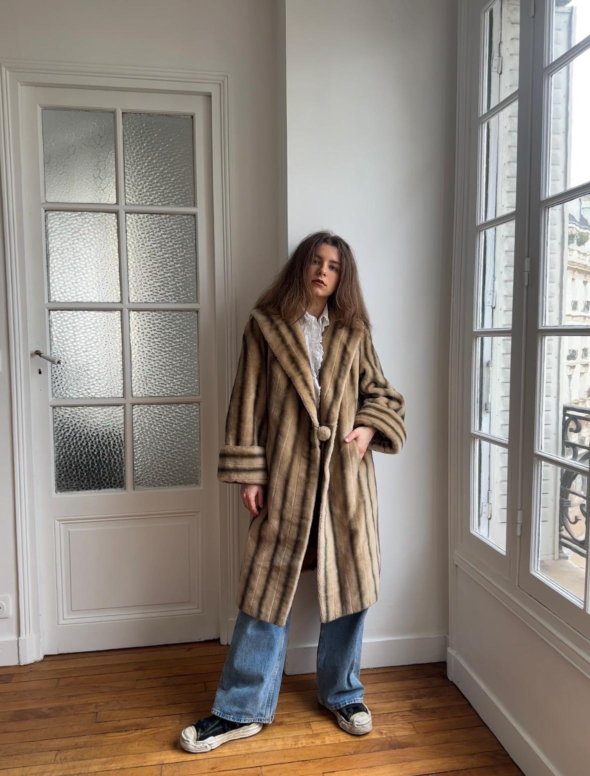 Vintage 60s Faux Fur Coat: Striped, Pom-Pom Closure, Midi Length, British Nylon