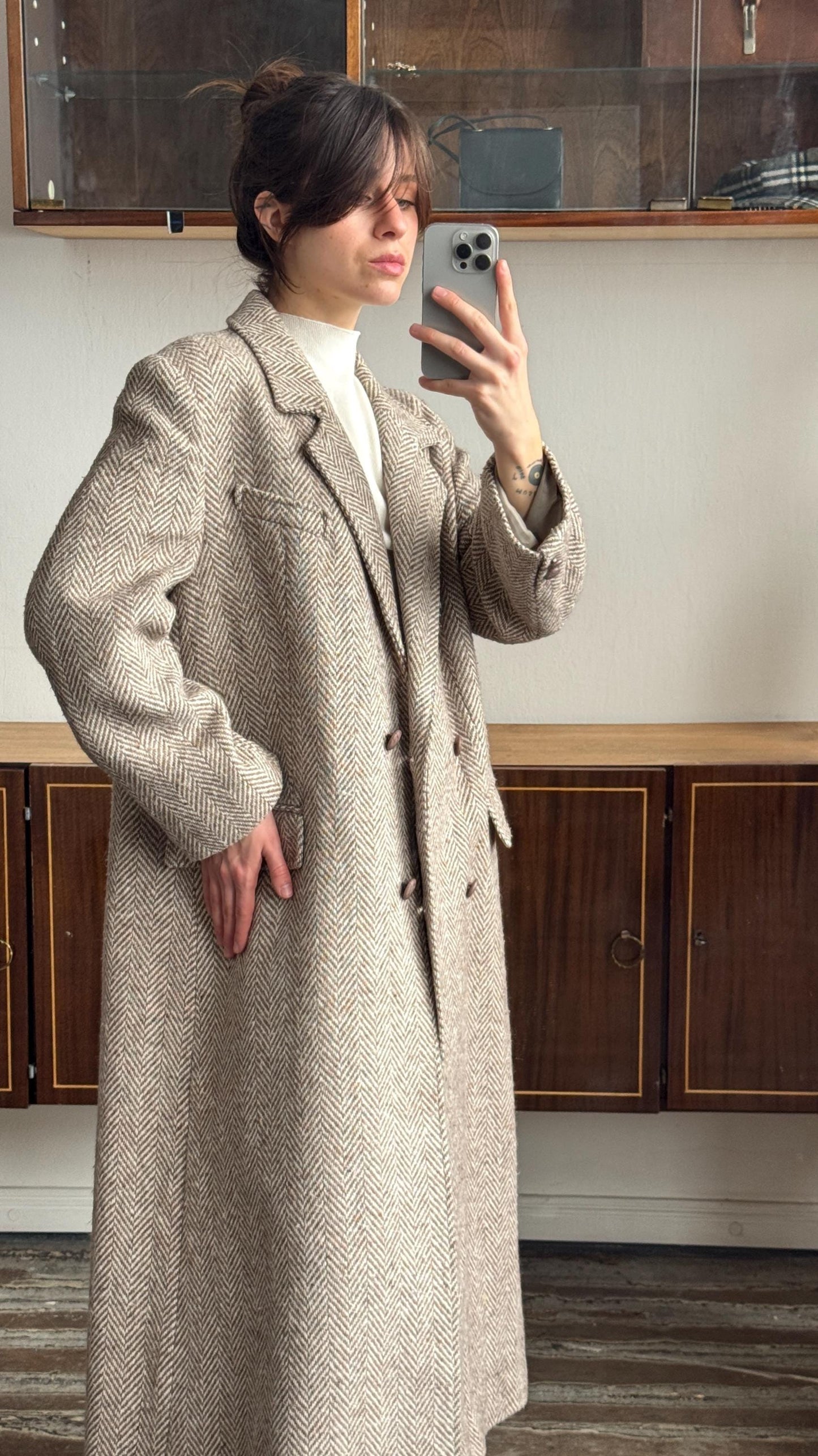 Vintage 90s Maxi Wool Classic Double-Breasted Coat In Beige