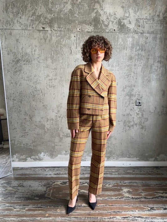 Archive 80s ISSEY MIYAKE SPORT wool check tweed suit in brown