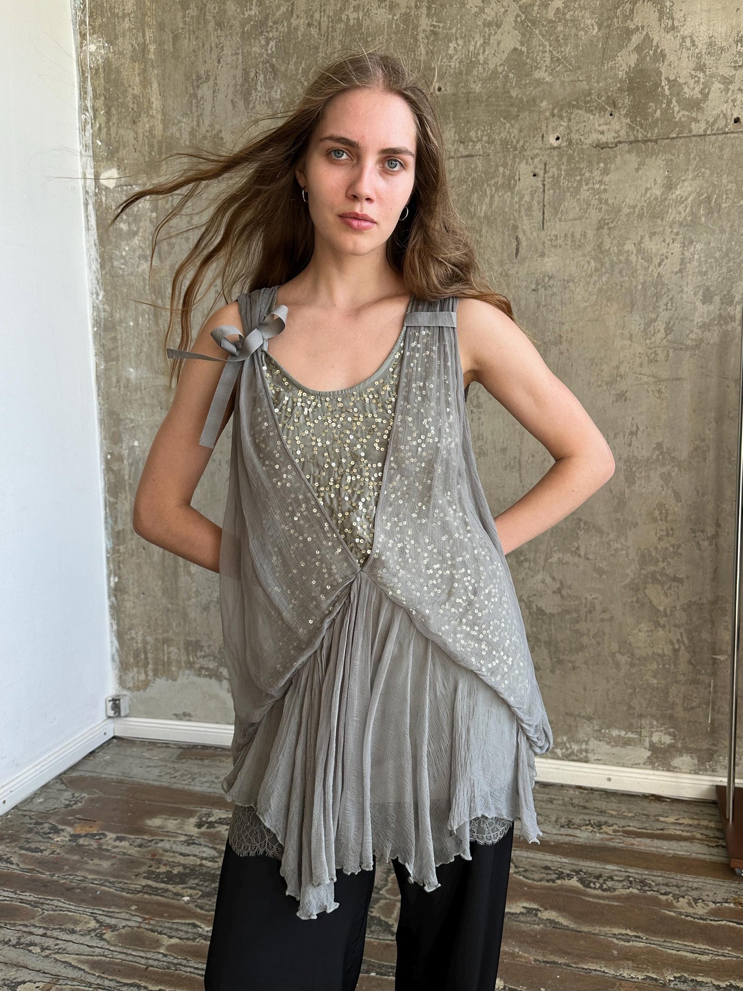 Vintage Liu Jo Grey Sequin Lace Dress | Layered Ruffle Dress