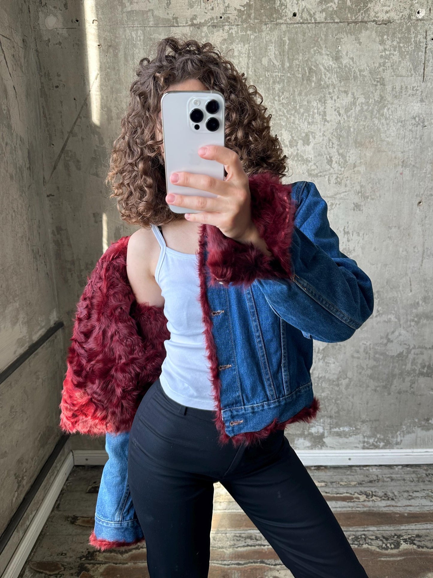 Vintage blue denim bomber jacket with fur lining