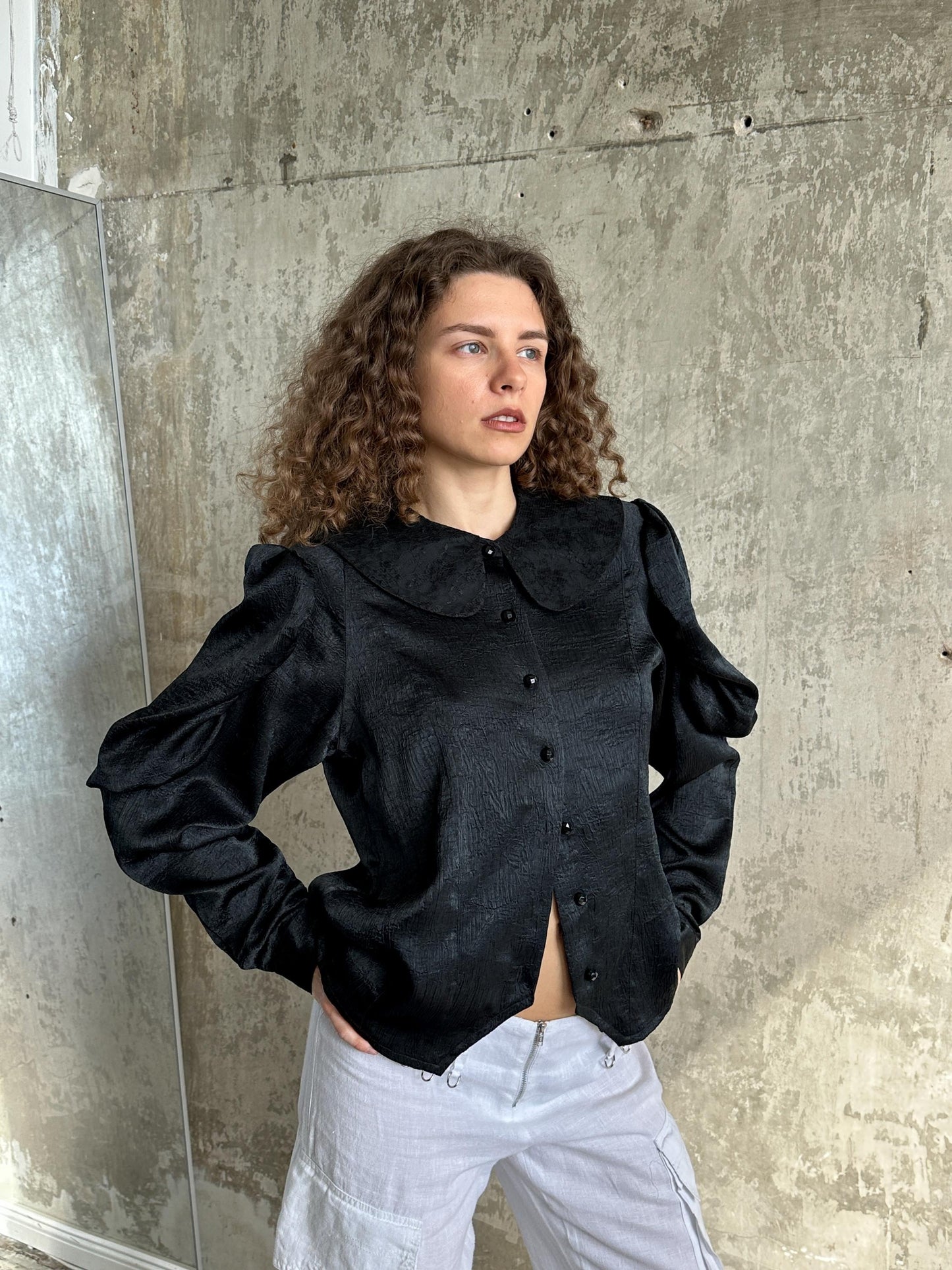 Vintage Black Puff Sleeve Romantic Draped Blouse