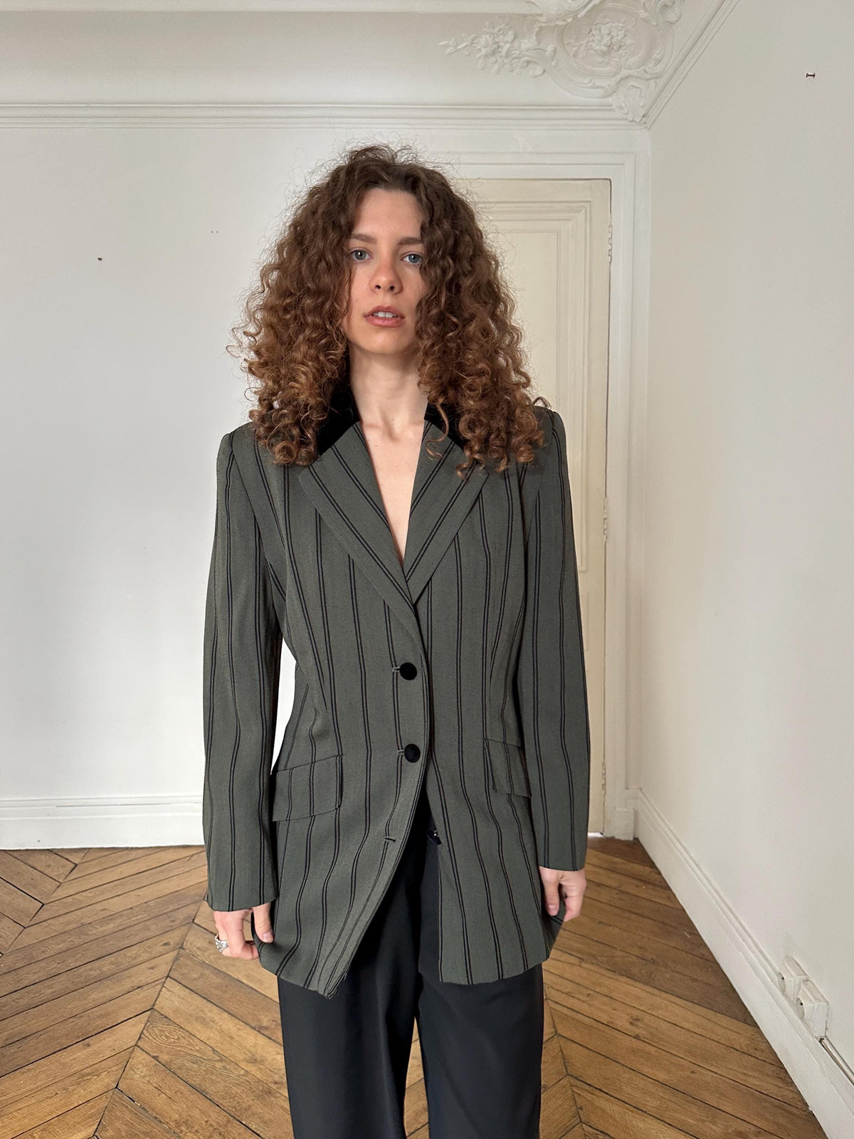 Vintage Striped Wool Blazer with Black Velvet Collar in Green