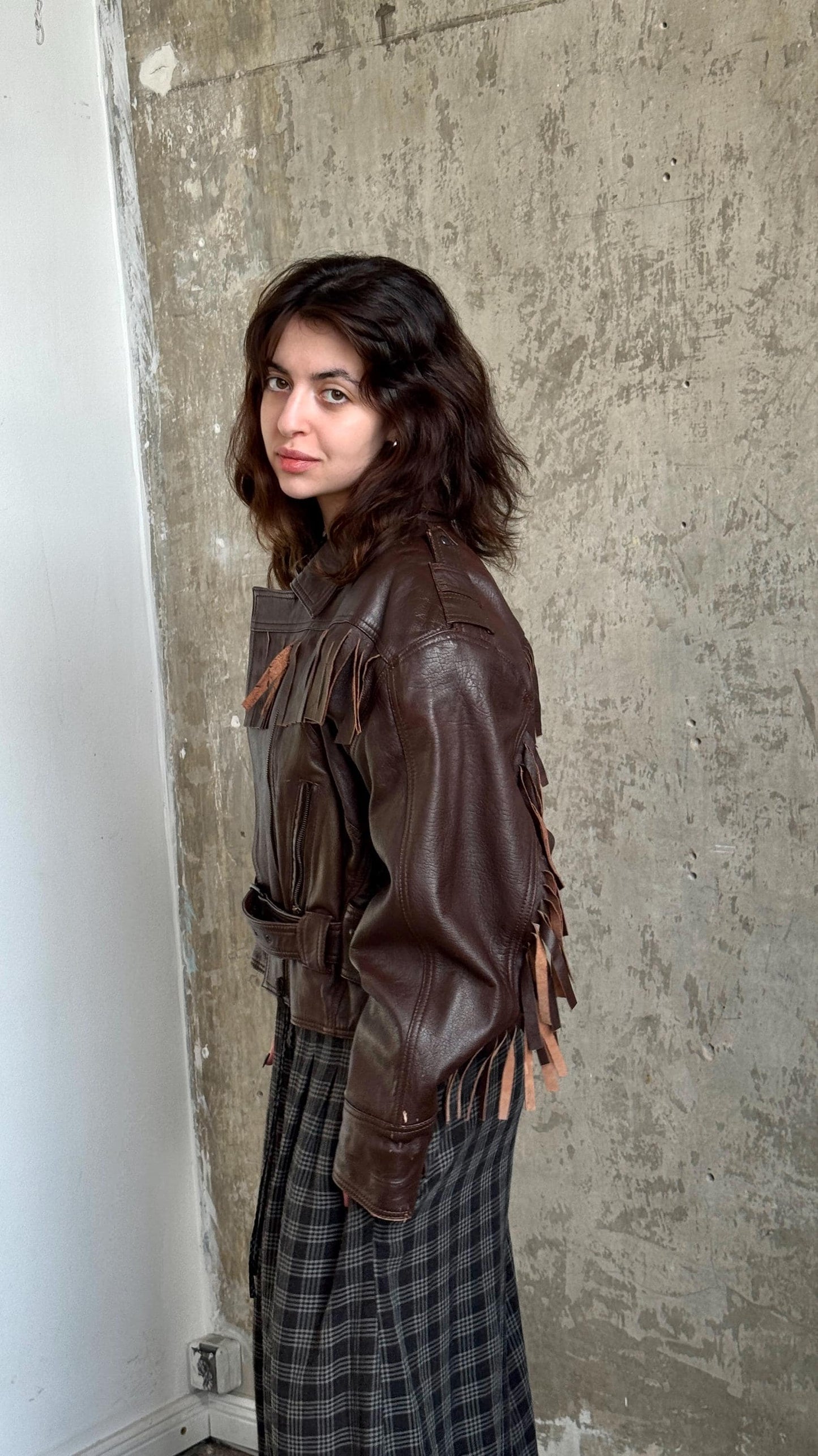 Vintage 90s Western Leather Biker Jacket In Brown with Fringe
