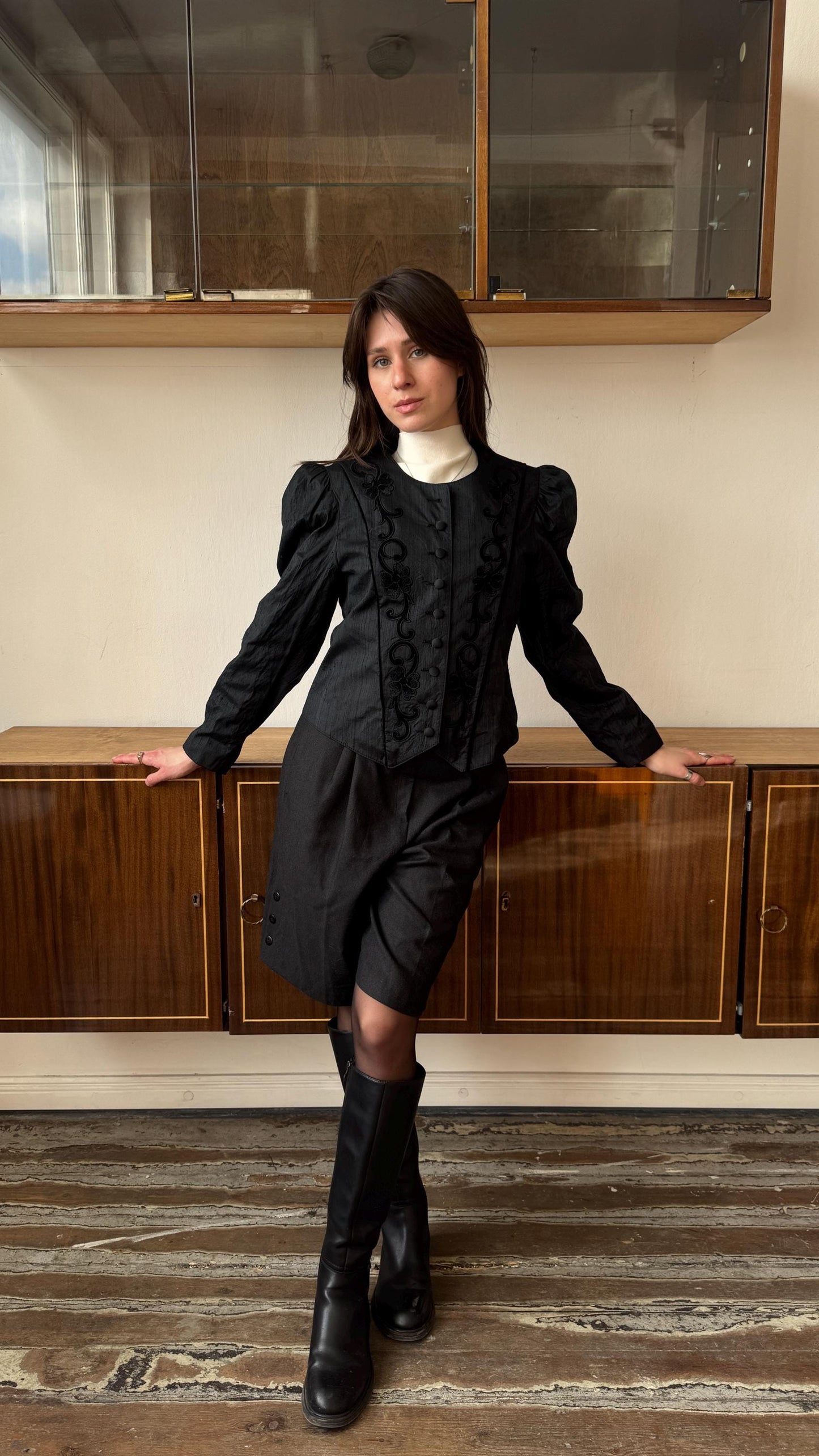 Vintage Victorian-Inspired Embroidered Blouse in Black
