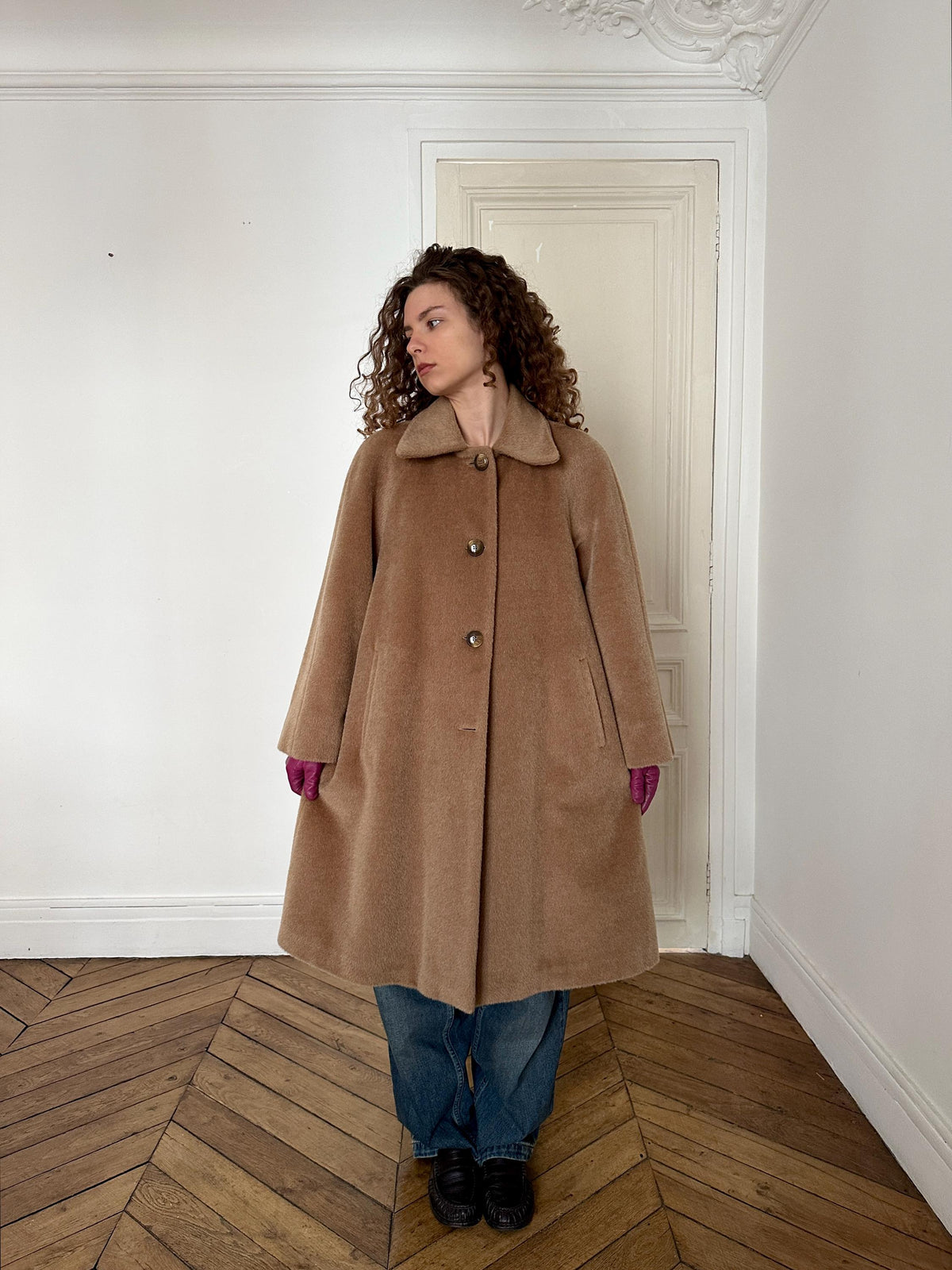 Vintage 90s Mohair Wool Teddy Coat in Beige