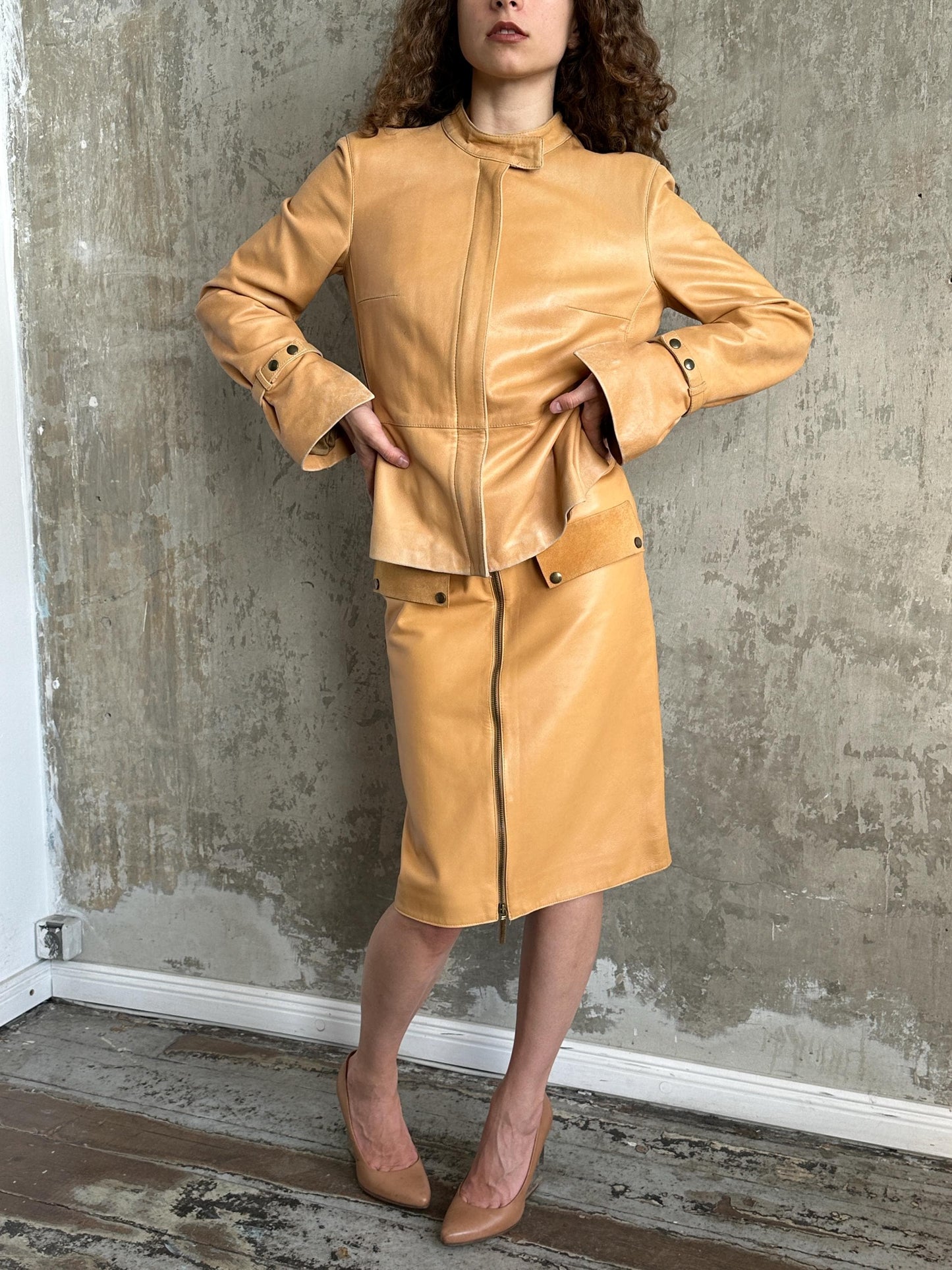Vintage 90s Camel Tan Leather Suit | Jacket & Zip Skirt Set in Brown