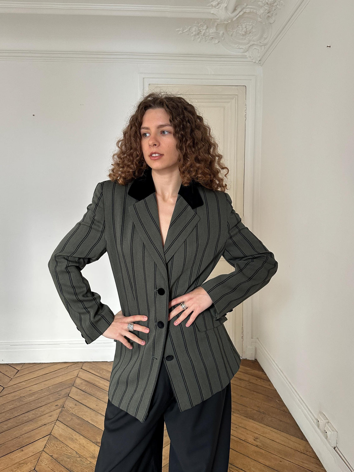 Vintage Striped Wool Blazer with Black Velvet Collar in Green