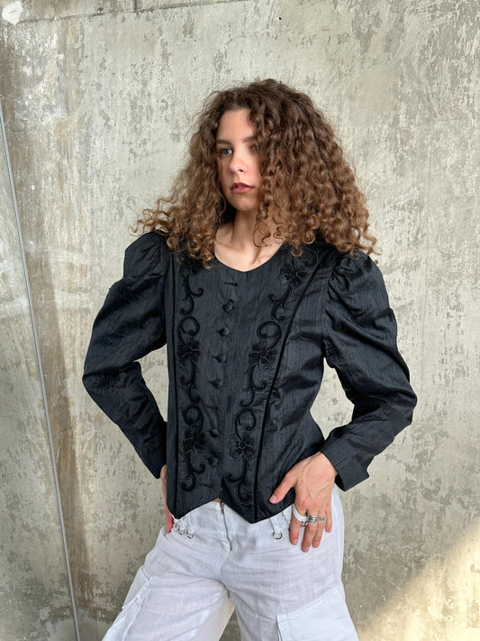 Vintage Victorian-Inspired Embroidered Blouse in Black