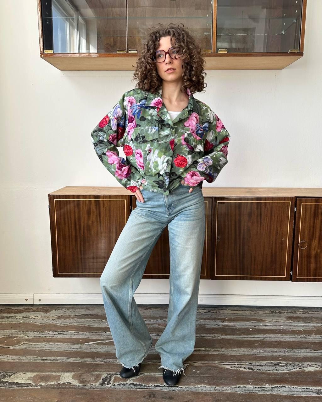 Vintage lightweight floral jacket in green & pink
