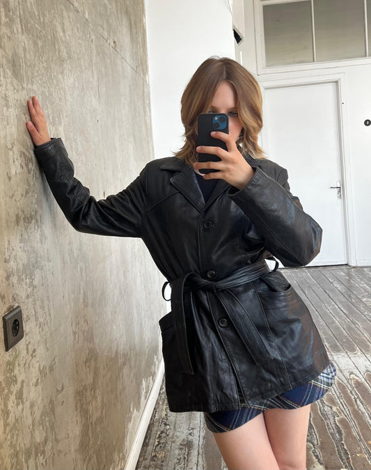 90s Vintage belted leather midi jacket in black