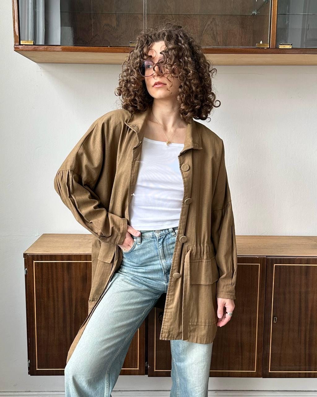 Vintage 90s oversized loose linen jacket in brown