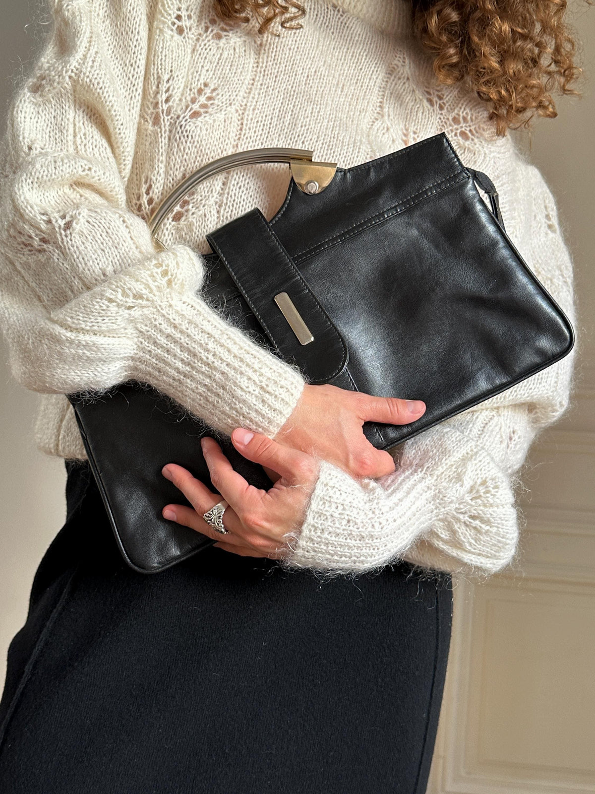 Vintage 90s Soft Black Leather Metal Hardware Handbag