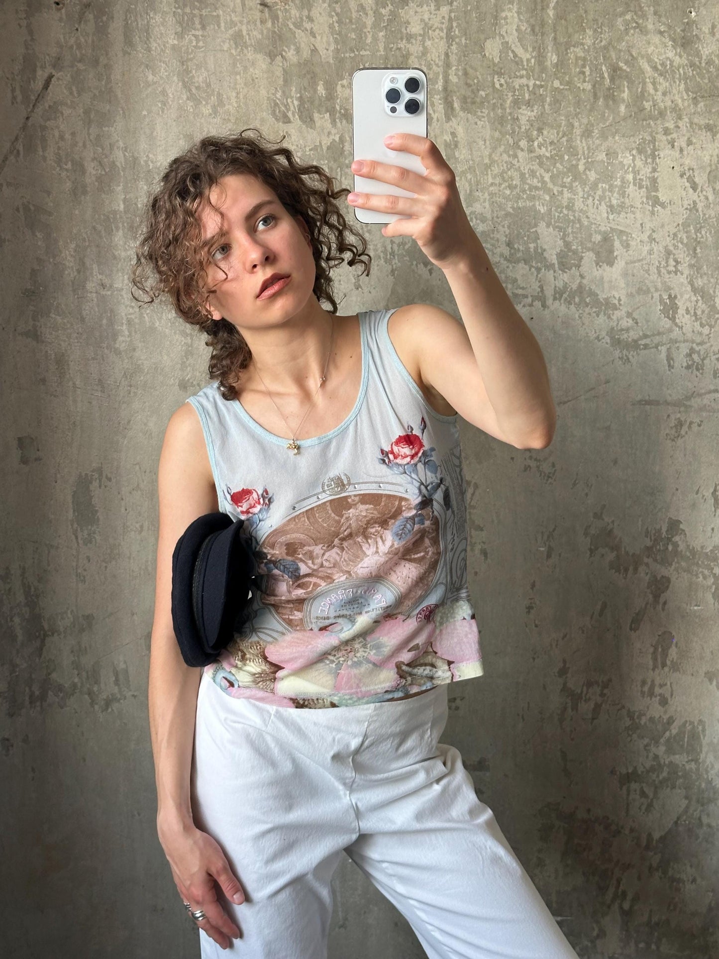 Vintage 90s mesh top with abstract print 'Paris' in blue and pink