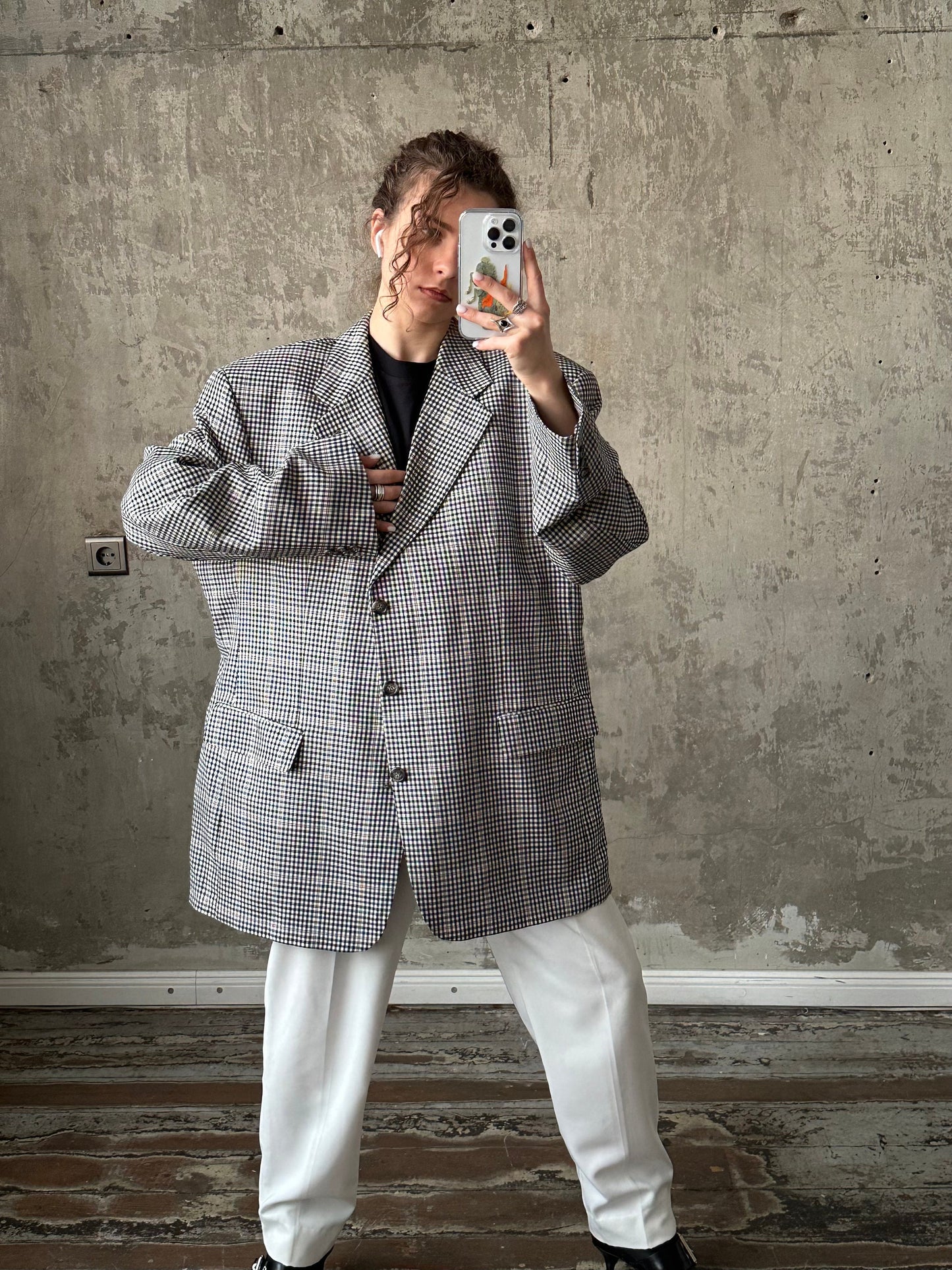 Vintage boyfriend check blazer in black and white, wool blazer